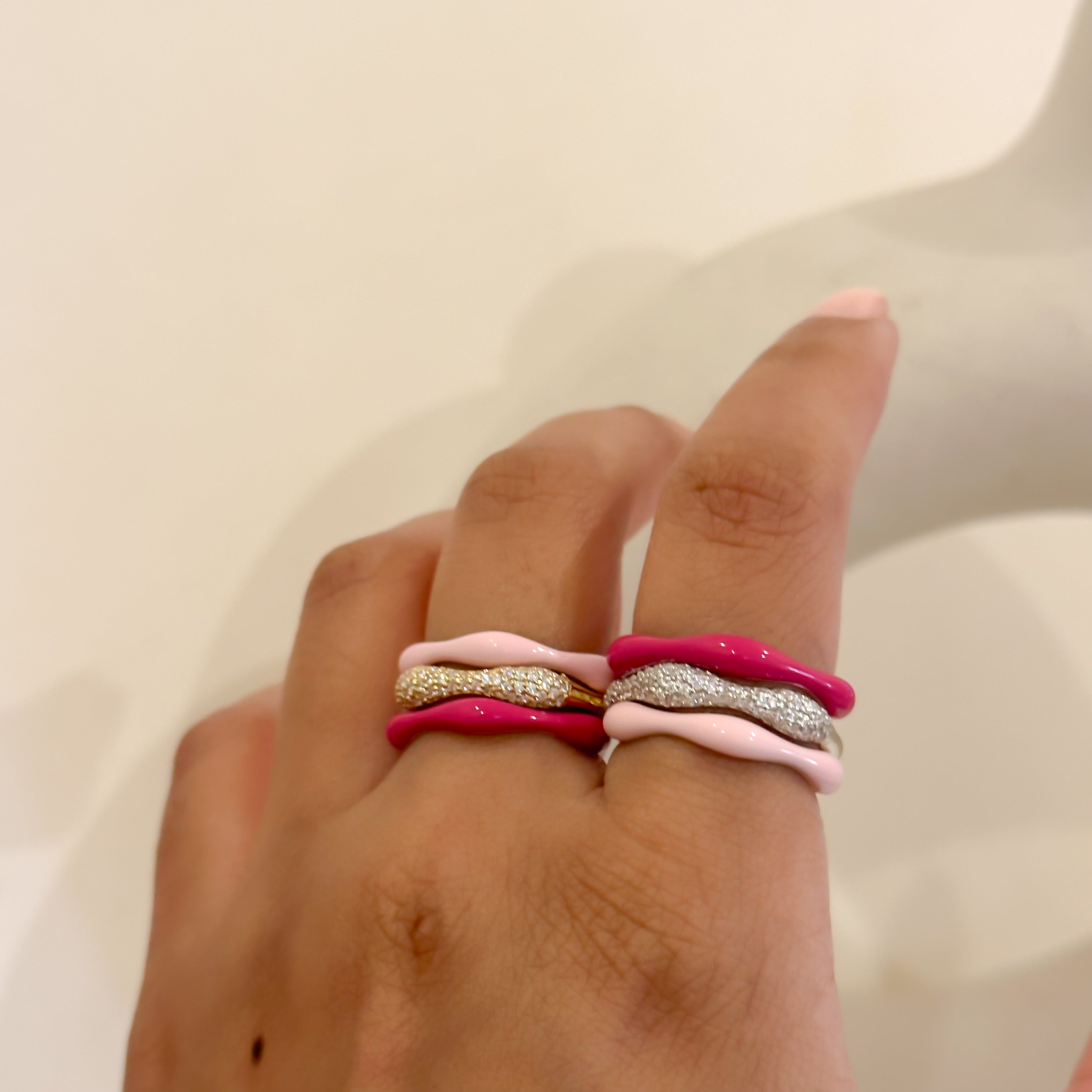 Sorbet Swirls Enamel & Diamond Swirls Stacker Ring Set in Bubblegum + Hot Pink - Octonov