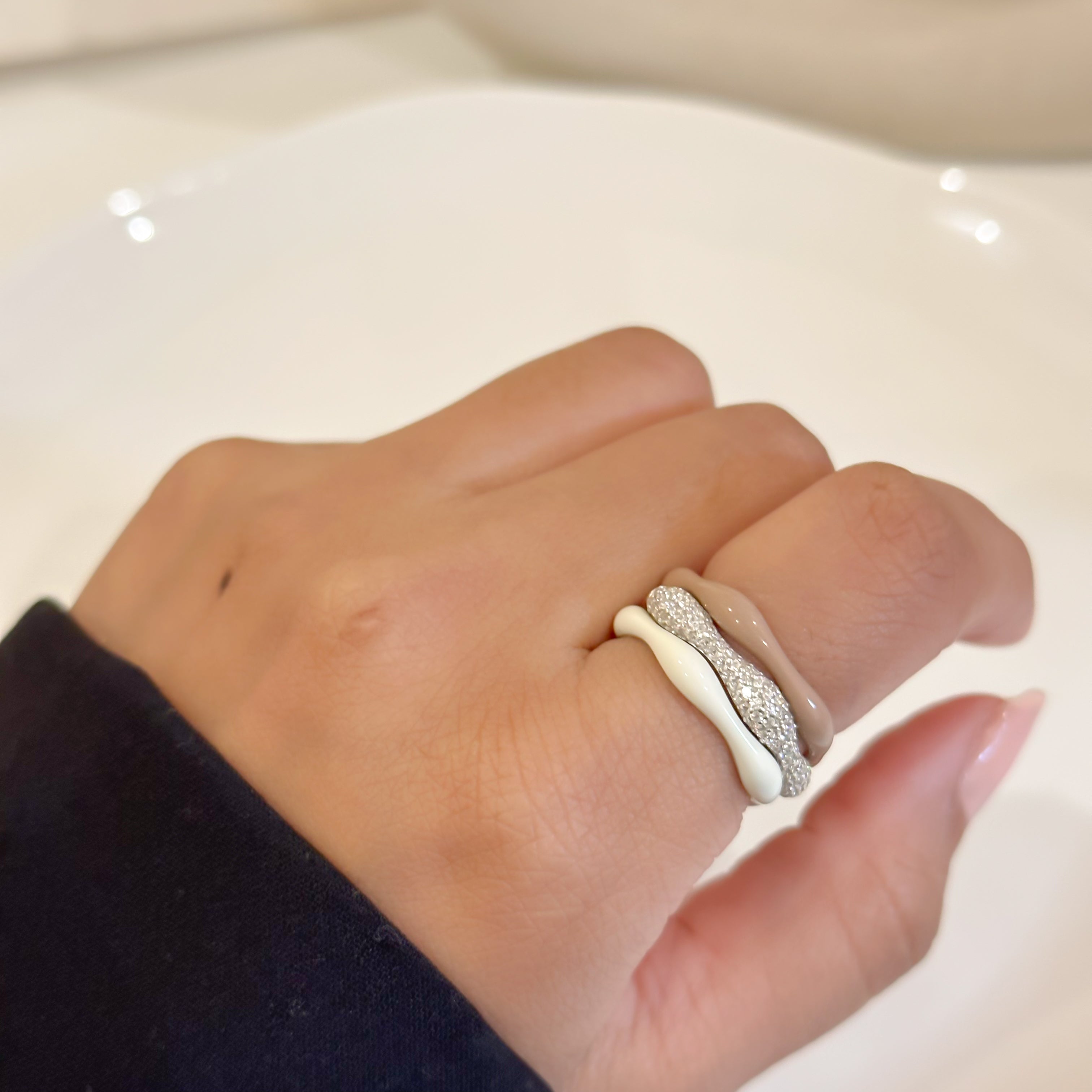 Sorbet Swirls Enamel & Diamond Swirls Stacker Ring Set in Vanilla + Cappuccino - Octonov