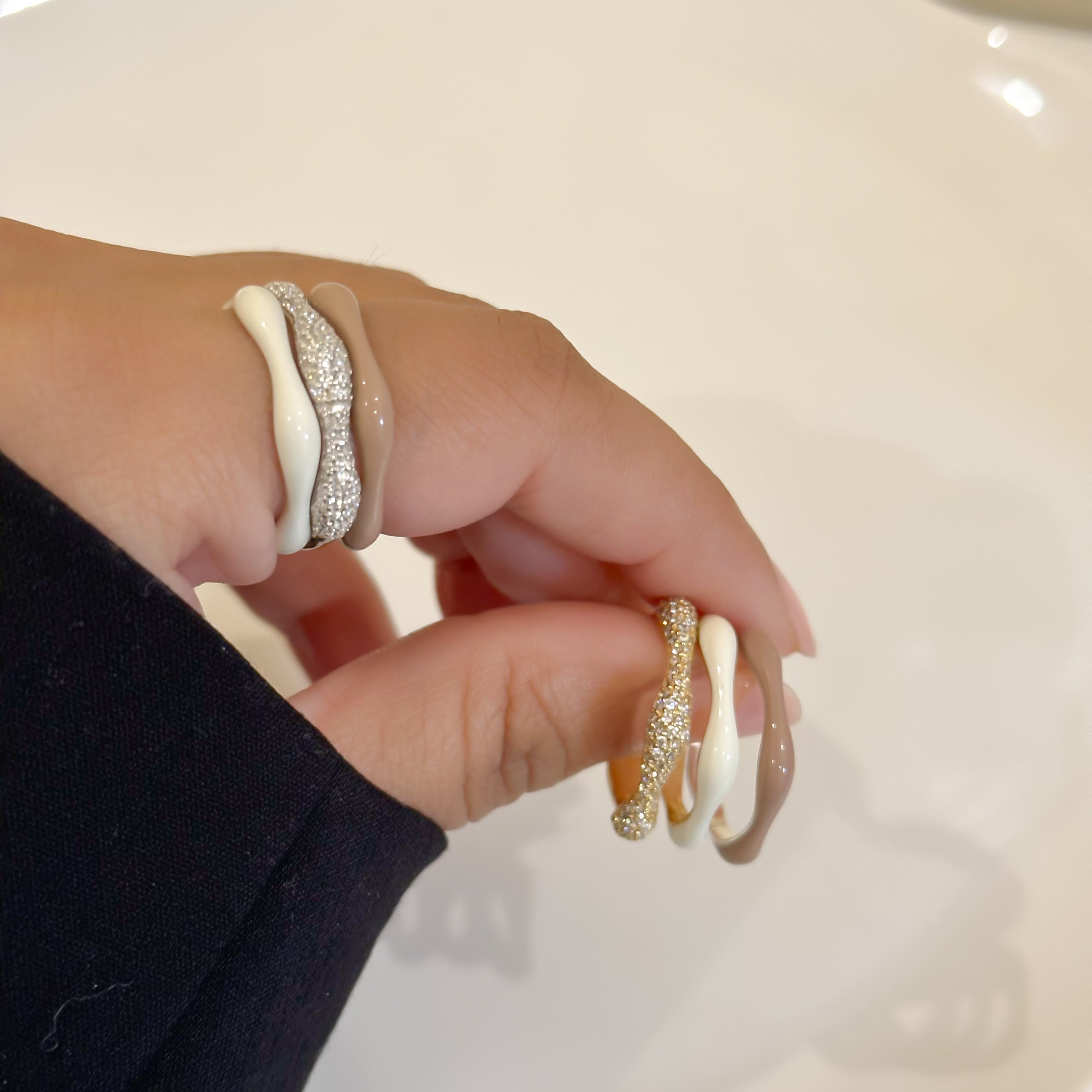 Sorbet Swirls Enamel & Diamond Swirls Stacker Ring Set in Vanilla + Cappuccino - Octonov