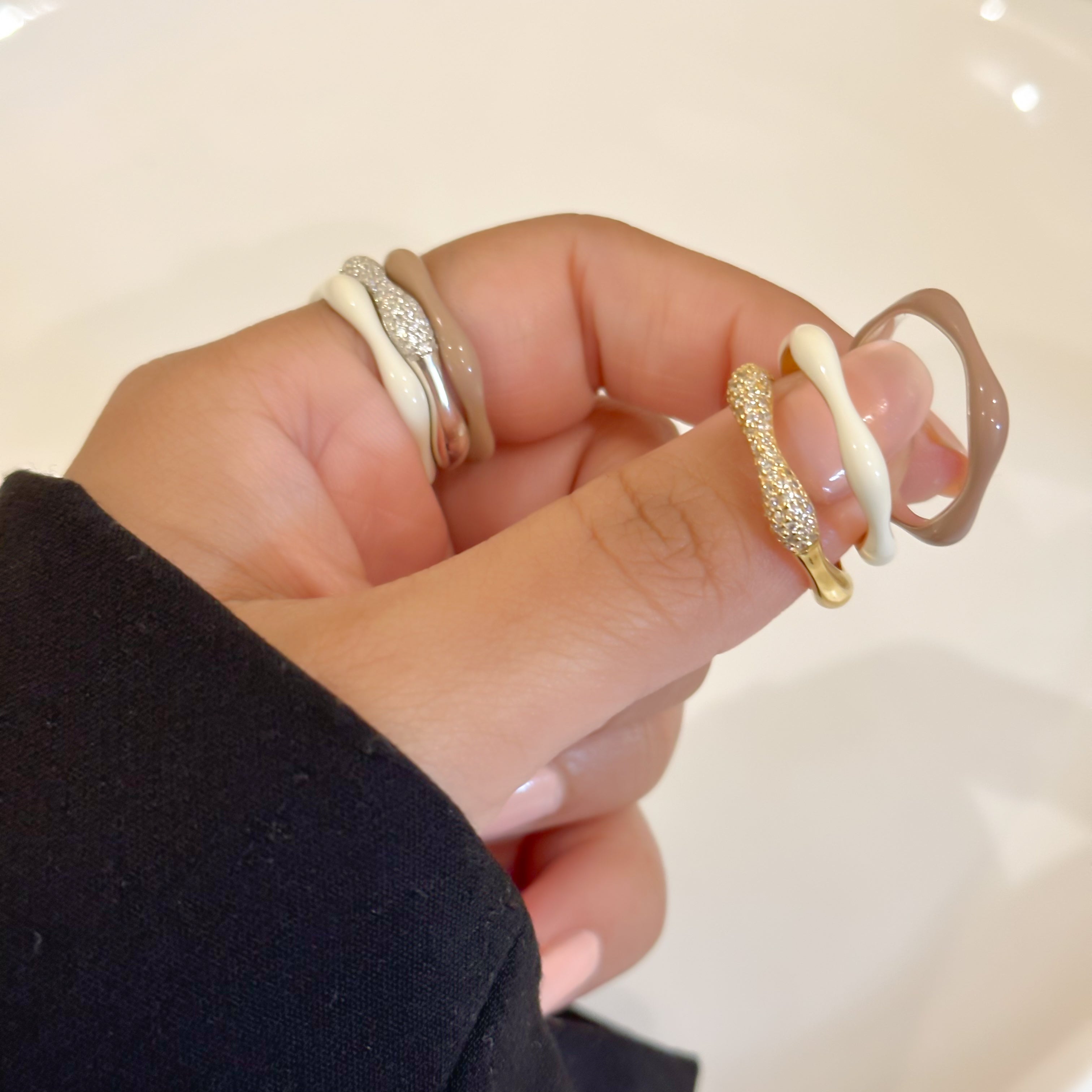 Sorbet Swirls Enamel & Diamond Swirls Stacker Ring Set in Vanilla + Cappuccino - Octonov