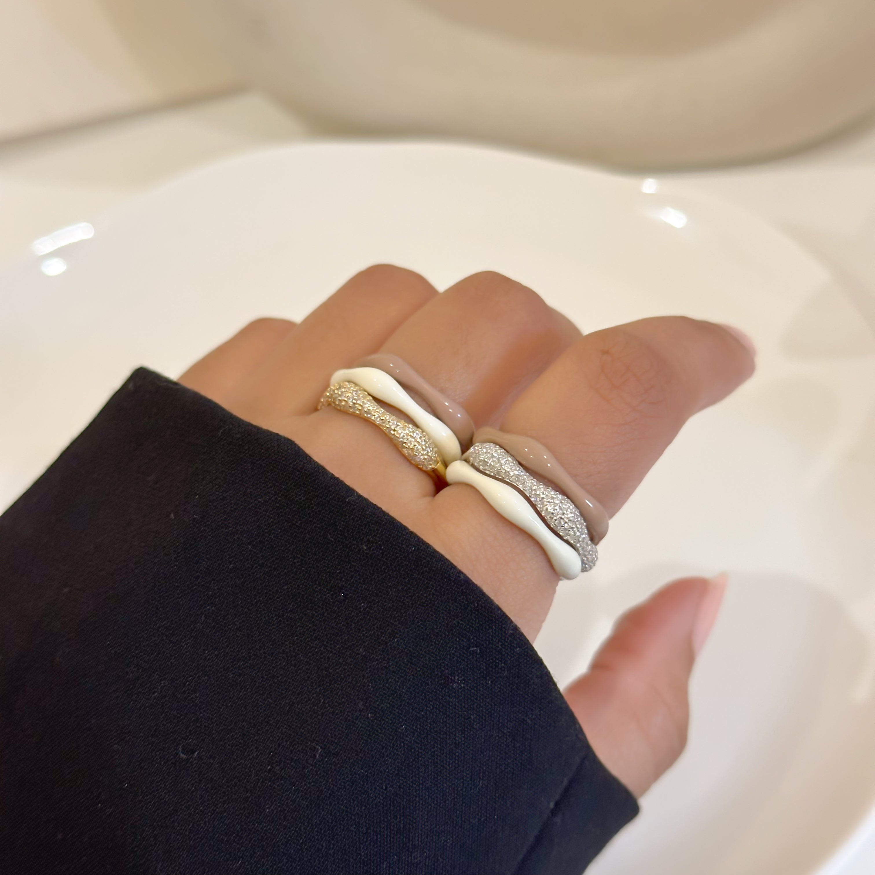 Sorbet Swirls Enamel & Diamond Swirls Stacker Ring Set in Vanilla + Cappuccino - Octonov