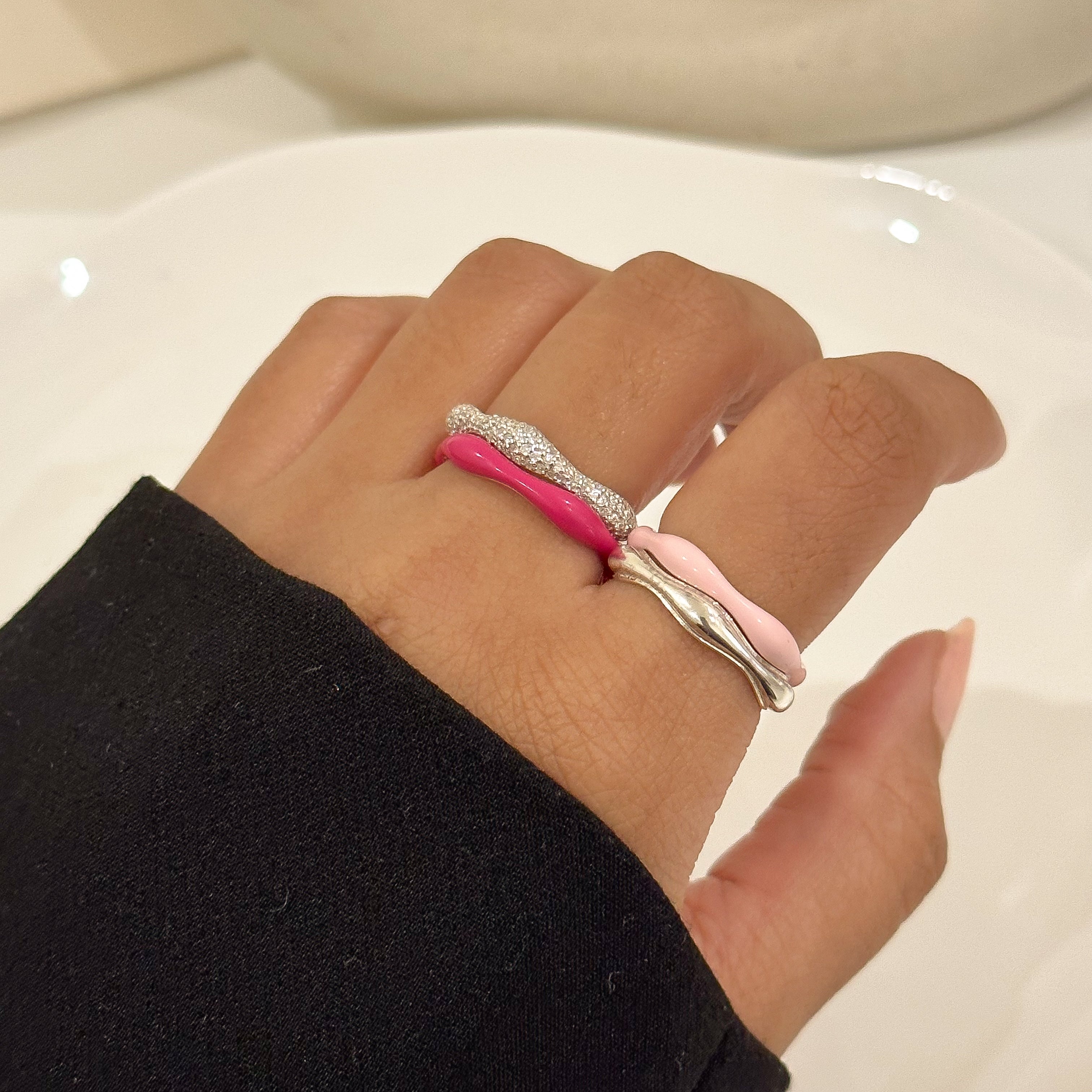 Sorbet Swirls Enamel & Diamond Swirls Stacker Ring Set of 4 - Octonov