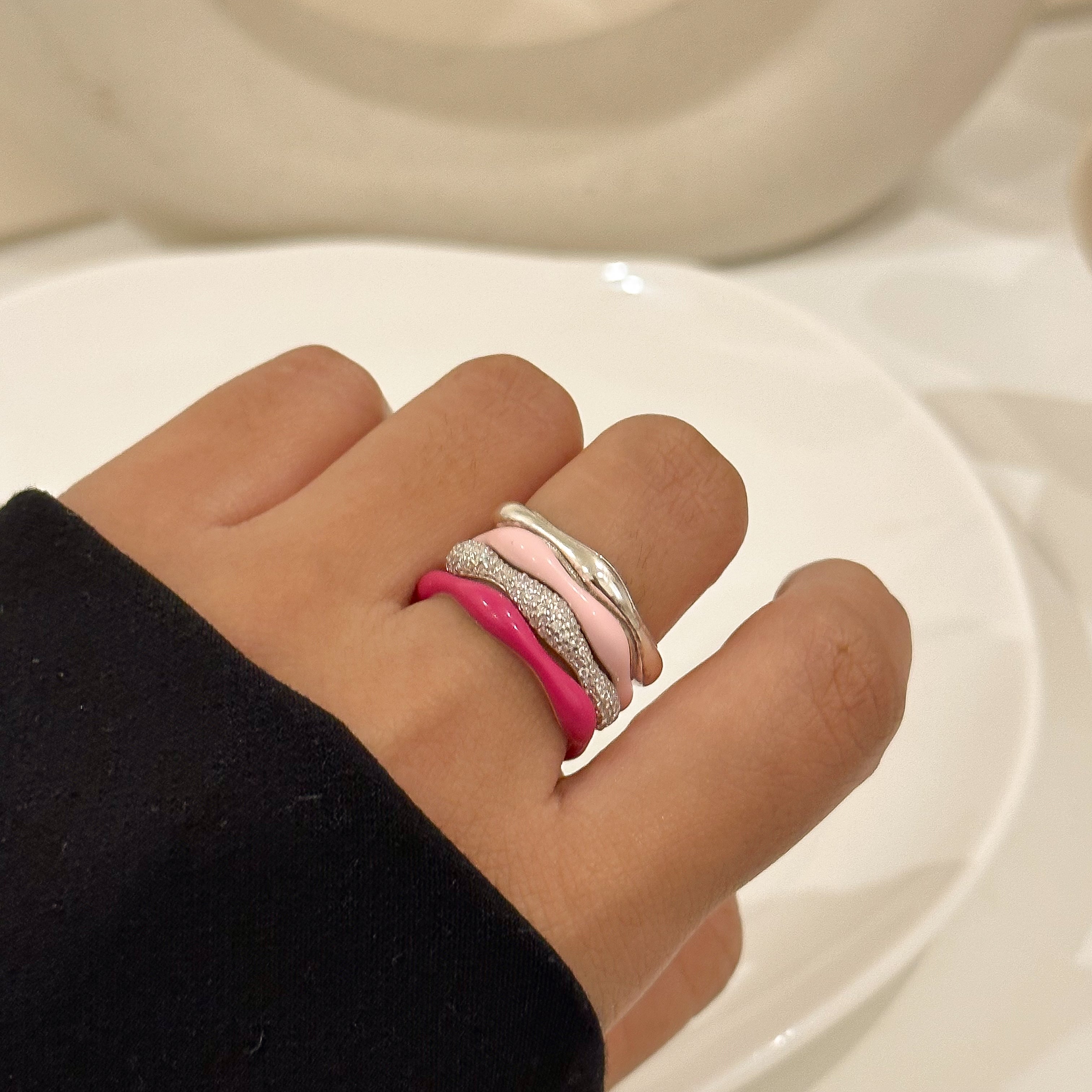 Sorbet Swirls Enamel & Diamond Swirls Stacker Ring Set of 4 - Octonov