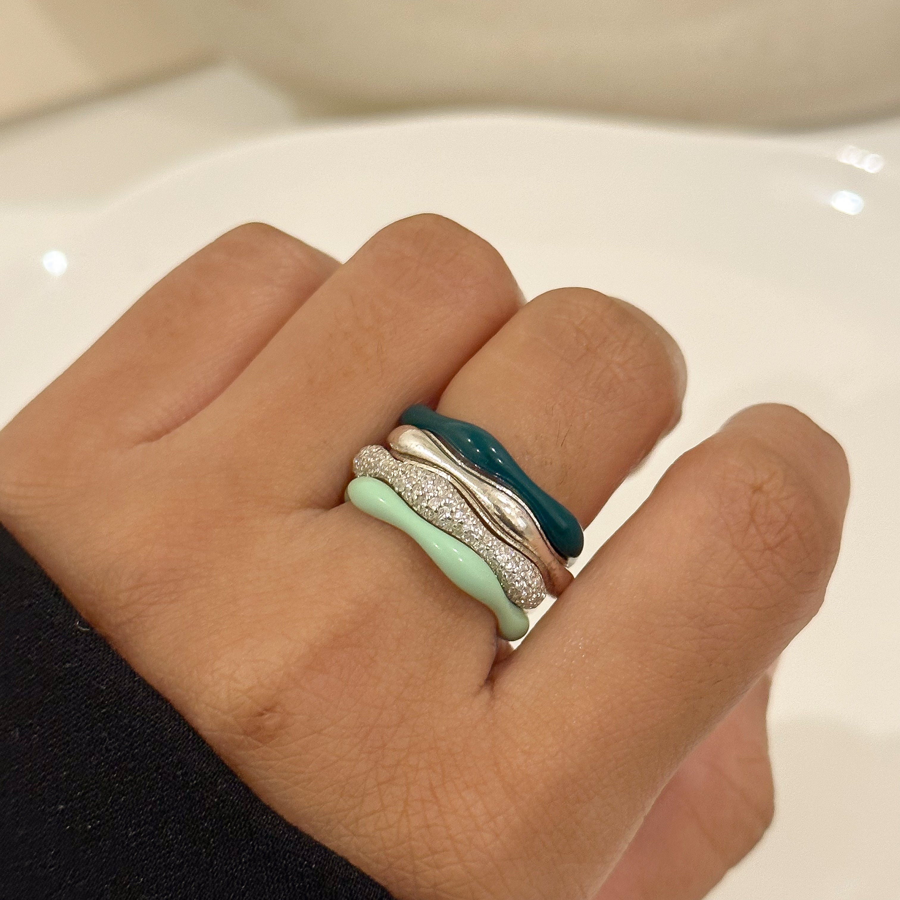 Sorbet Swirls Enamel & Diamond Swirls Stacker Ring Set of 4 - Octonov