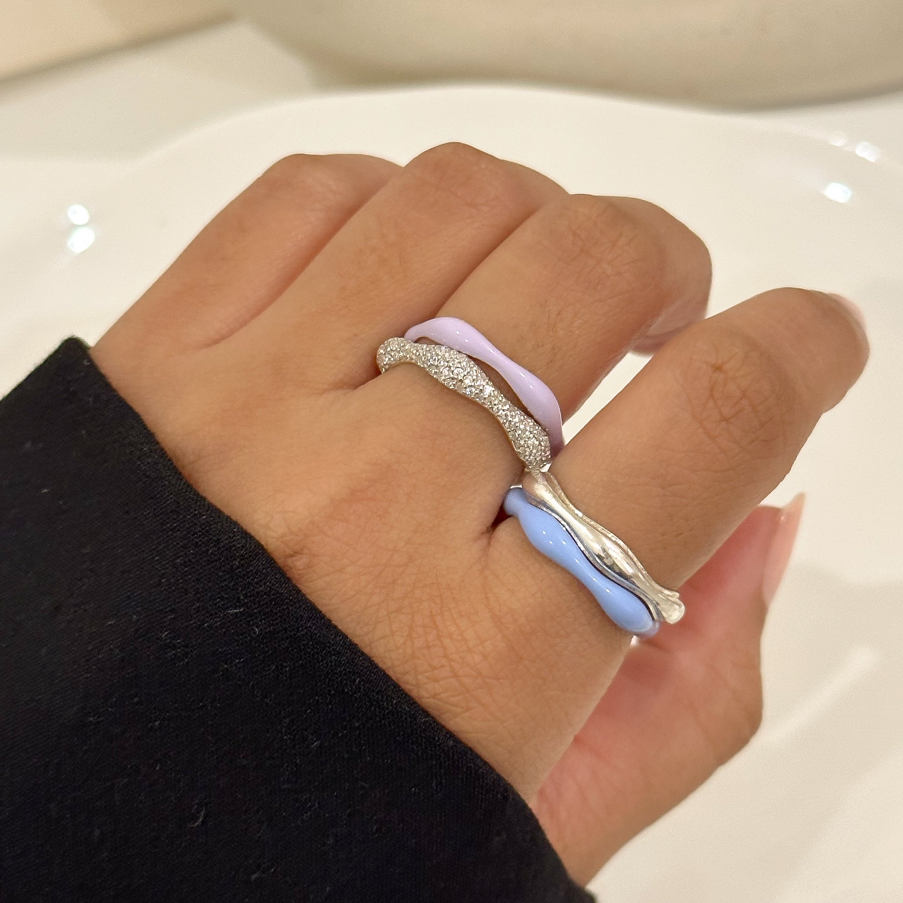 Sorbet Swirls Enamel & Diamond Swirls Stacker Ring Set of 4 - Octonov