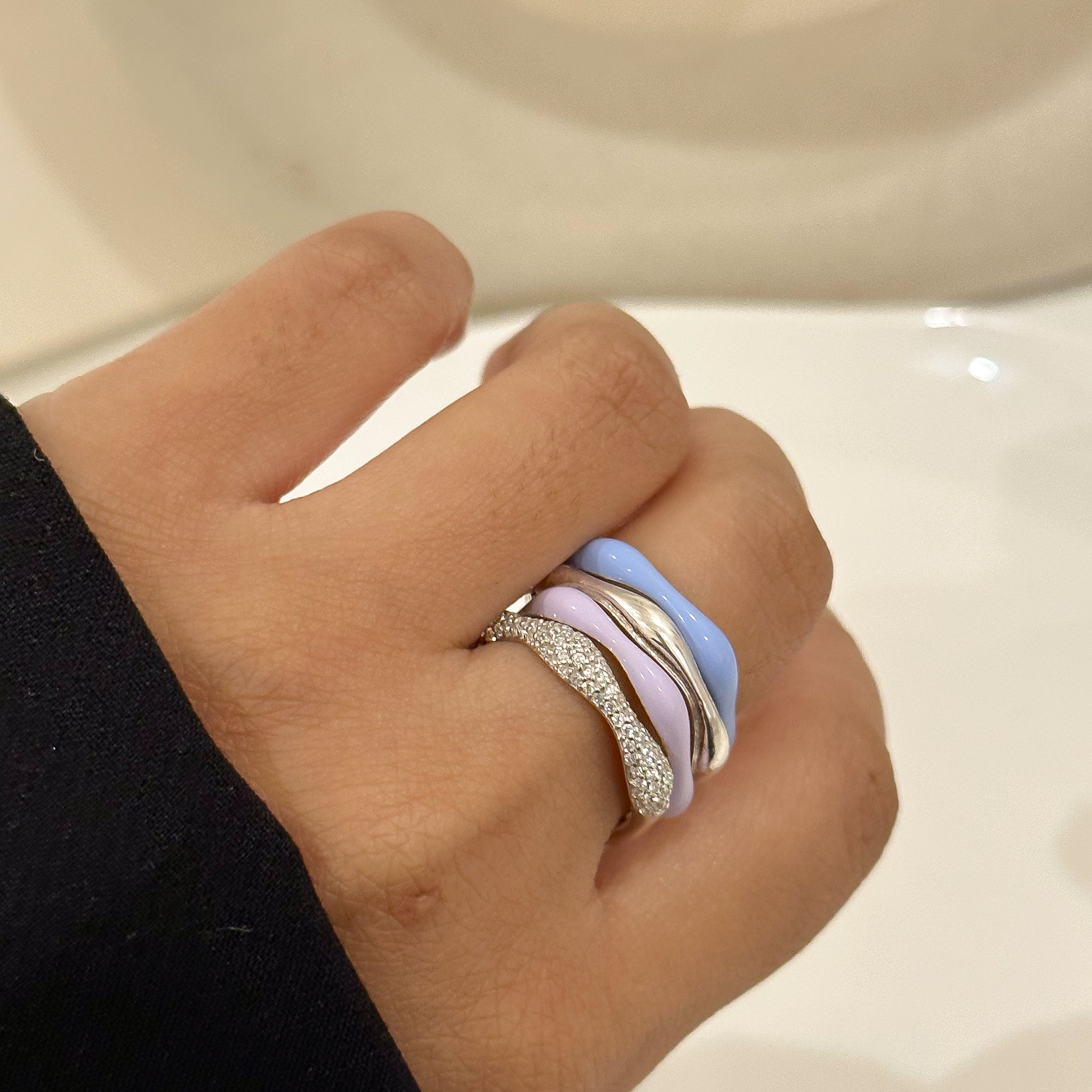 Sorbet Swirls Enamel & Diamond Swirls Stacker Ring Set of 4 - Octonov