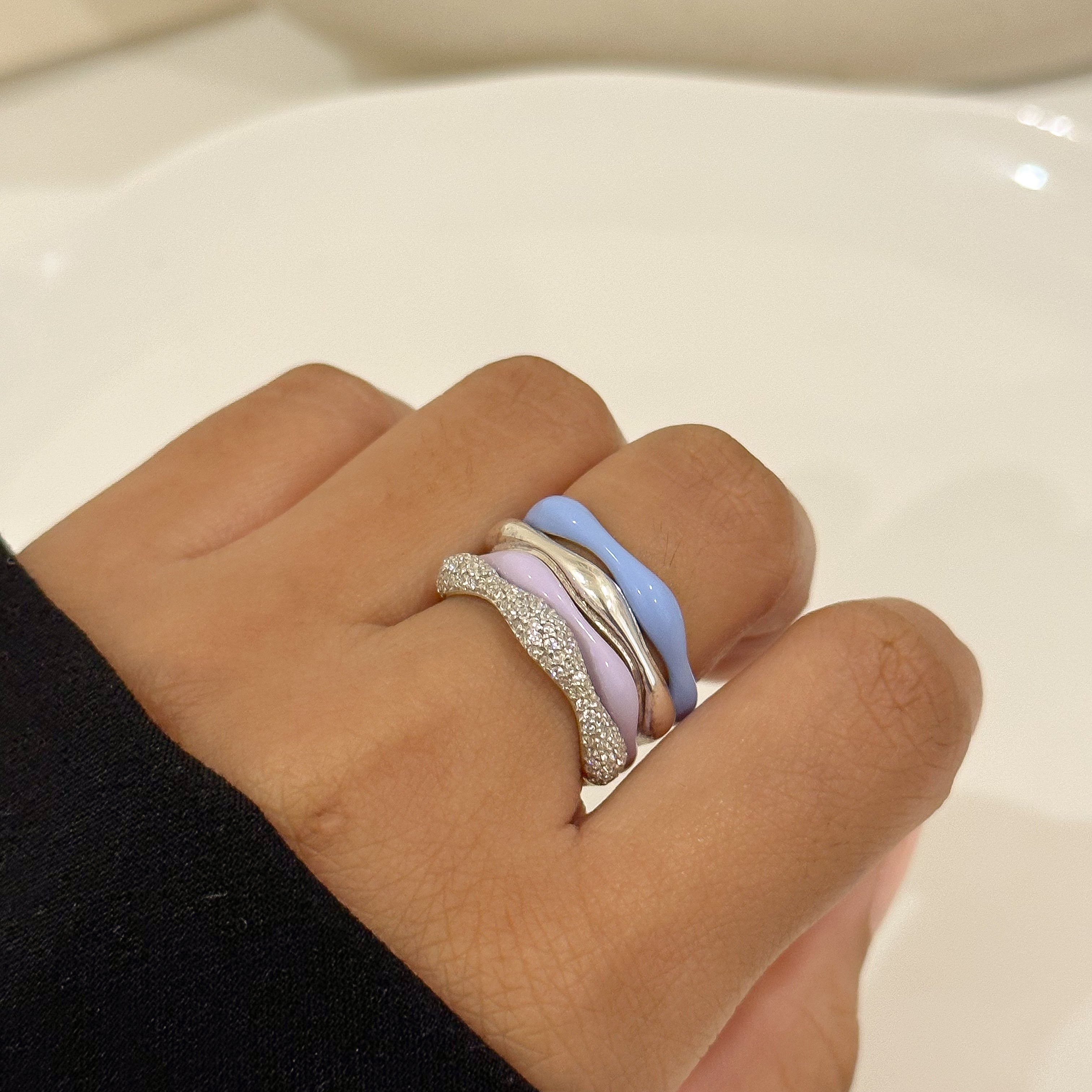 Sorbet Swirls Enamel & Diamond Swirls Stacker Ring Set of 4 - Octonov