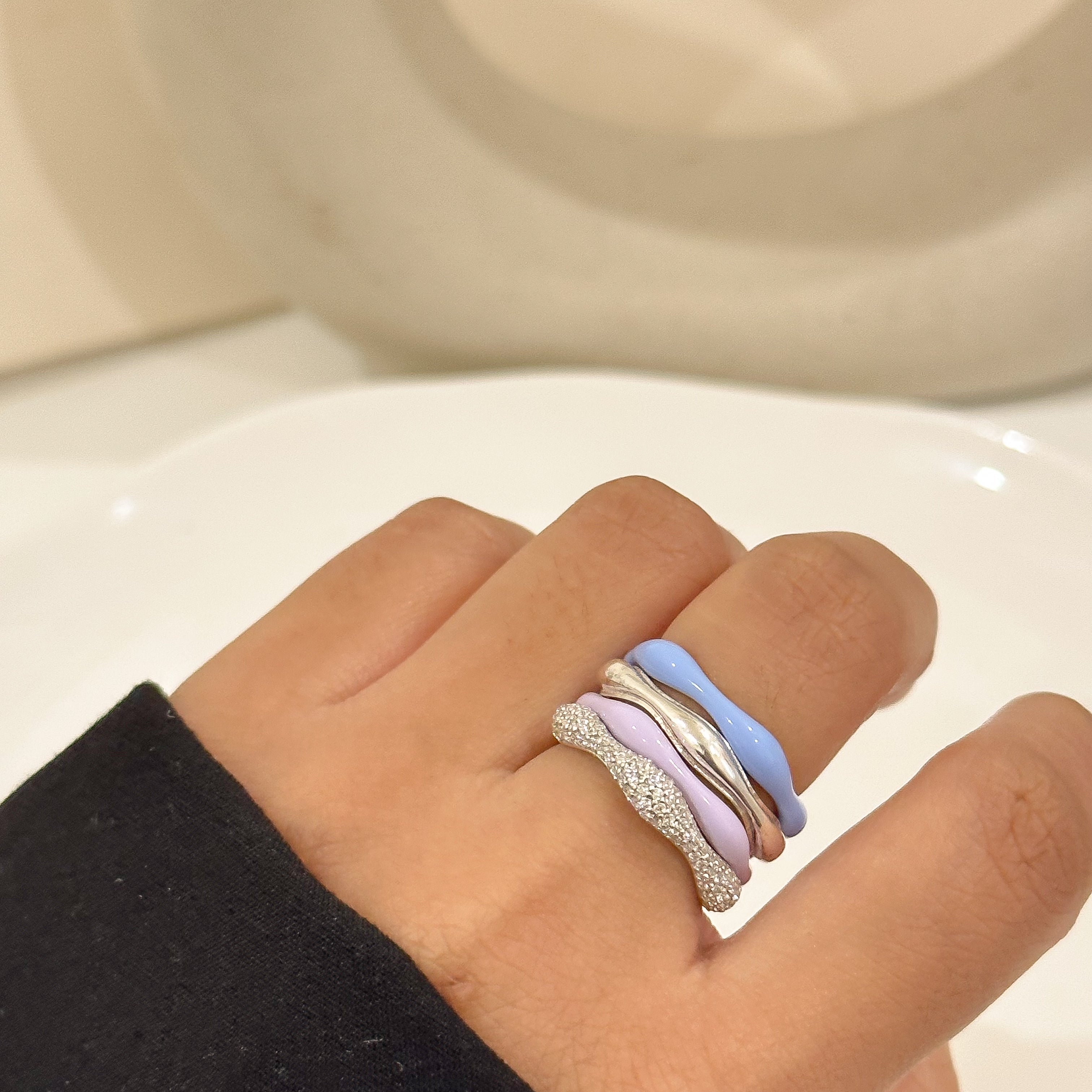 Sorbet Swirls Enamel & Diamond Swirls Stacker Ring Set of 4 - Octonov