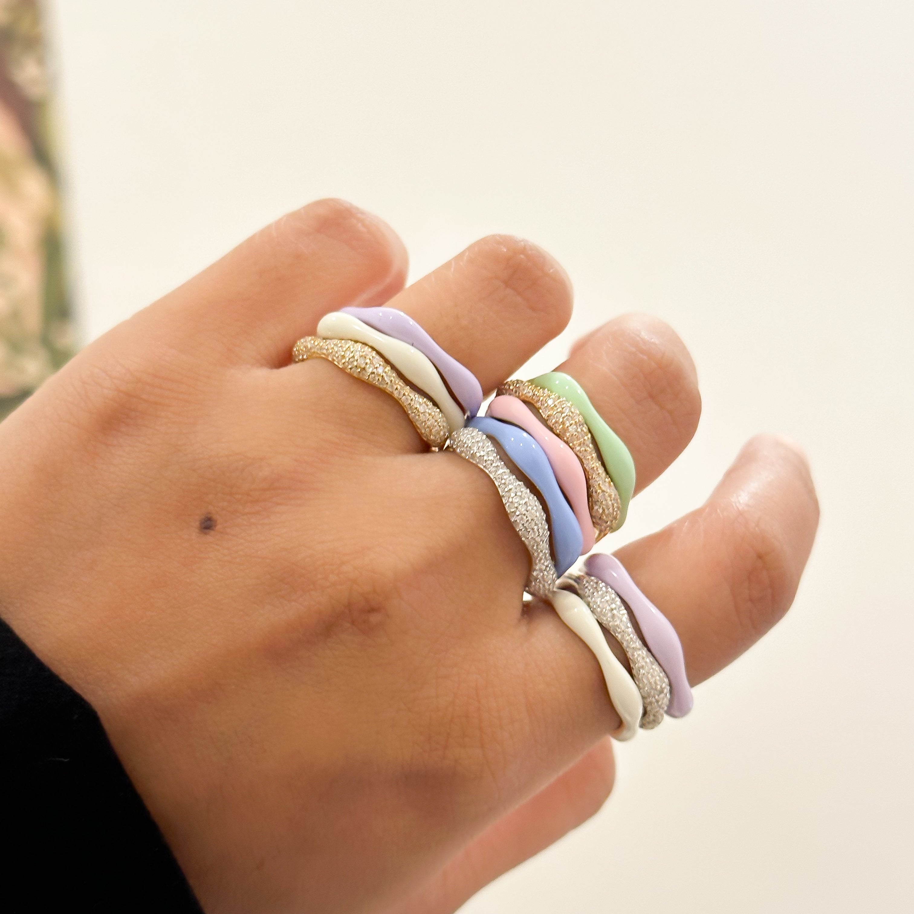 Sorbet Swirls Enamel & Diamond Swirls Stacker Ring Duo - Octonov