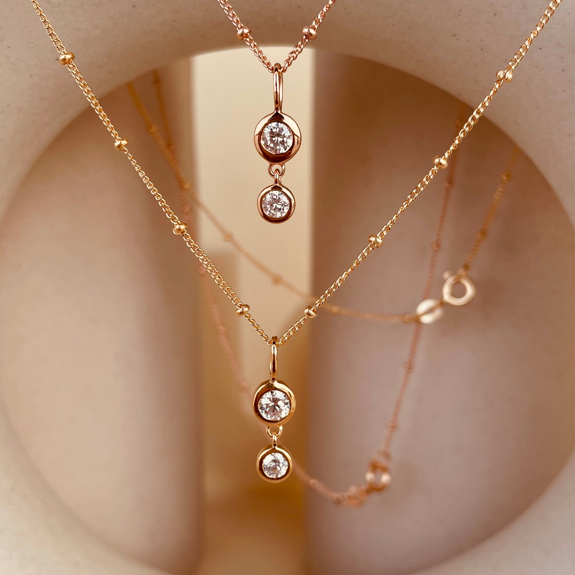 Dainty Double Drop Dangling Necklace with Satellite Chain - Octonov