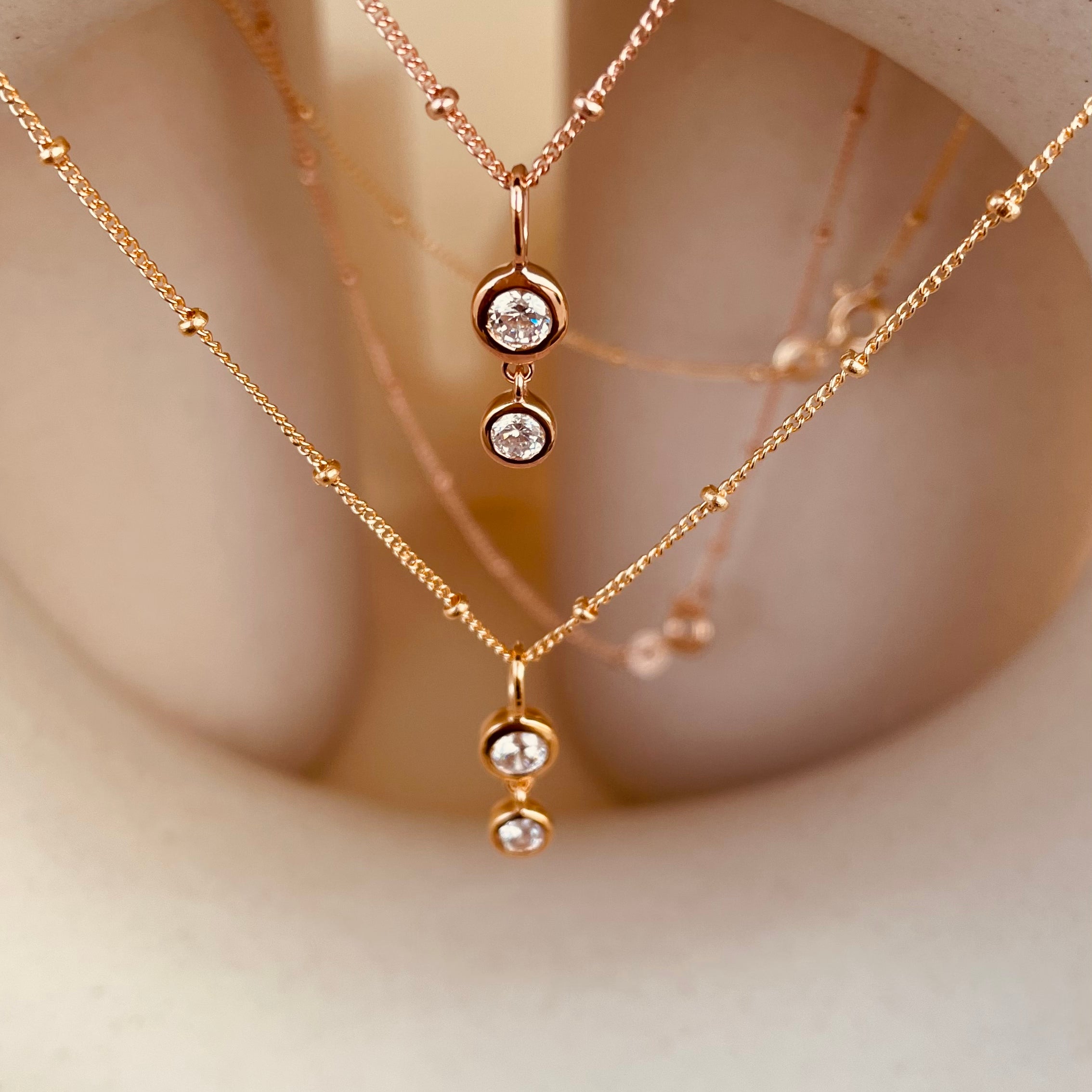 Dainty Double Drop Dangling Necklace with Satellite Chain - Octonov