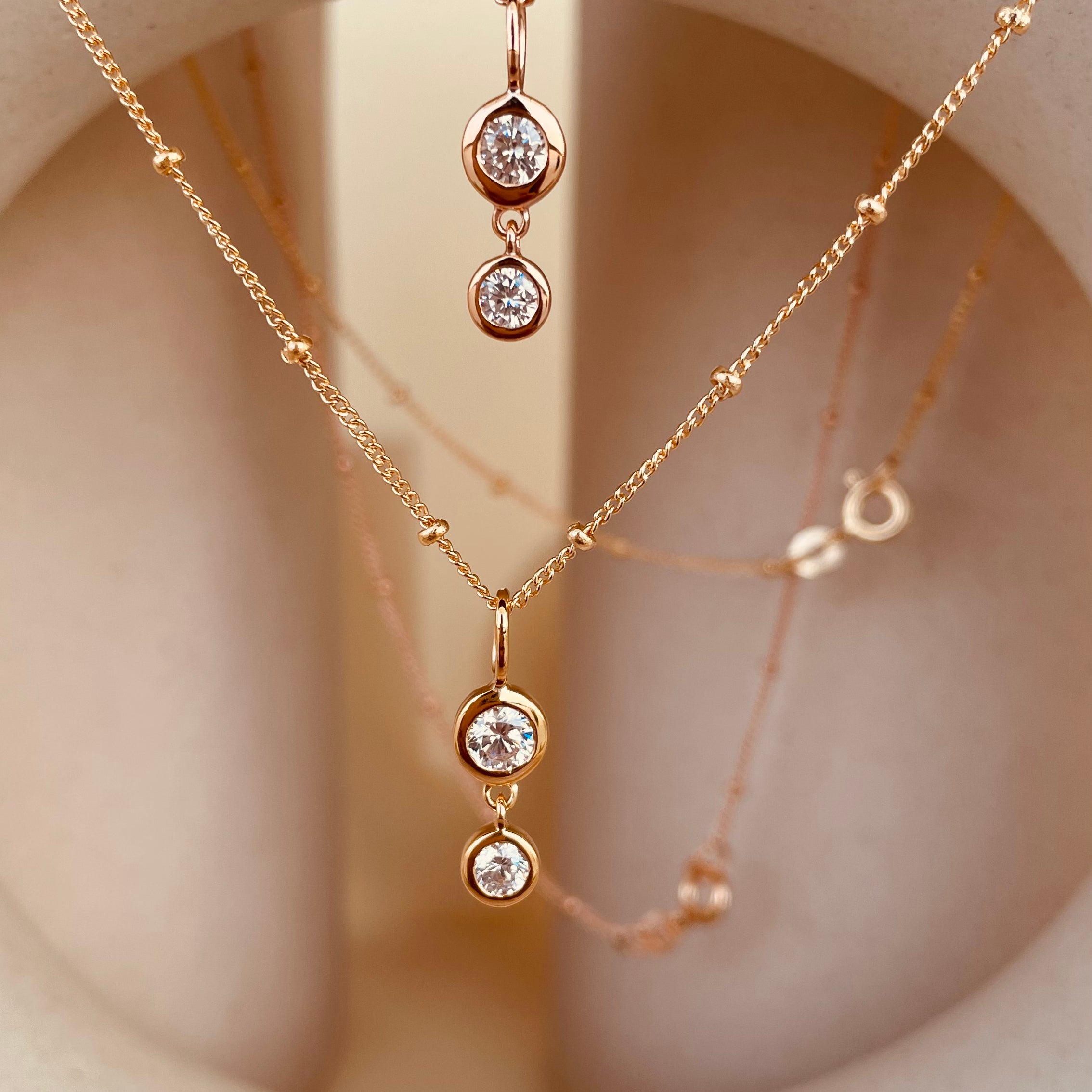 Dainty Double Drop Dangling Necklace with Satellite Chain - Octonov