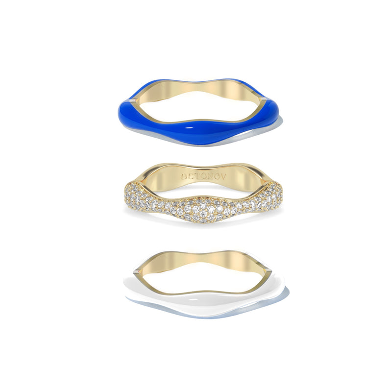Sorbet Swirls Royal Blue & Vanilla Enamel & Diamond Swirls Stacker Ring Set of 3
