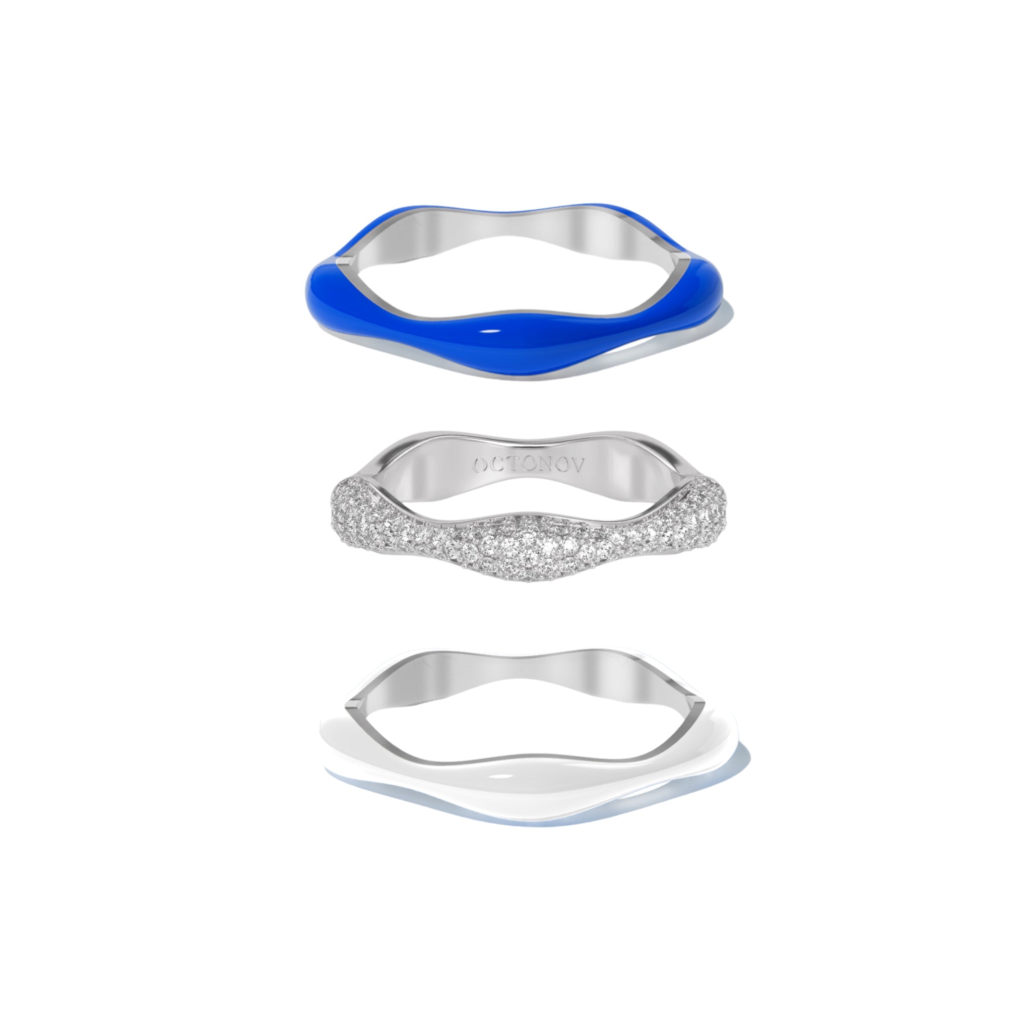 Sorbet Swirls Royal Blue & Vanilla Enamel & Diamond Swirls Stacker Ring Set of 3 - Octonov 