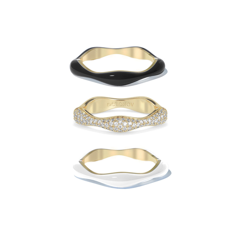 Sorbet Swirls Black & Vanilla Enamel & Diamond Swirls Stacker Ring Set of 3