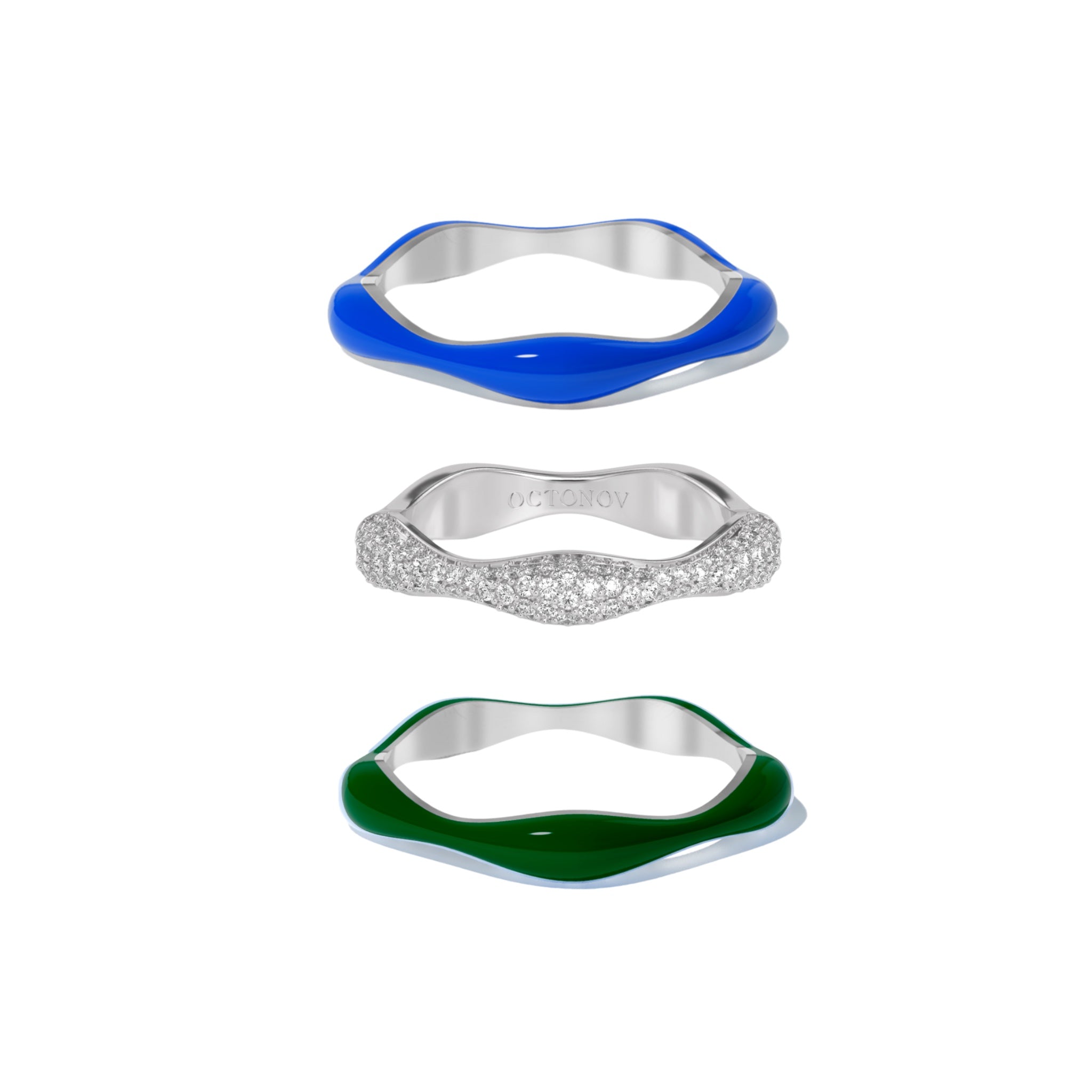Sorbet Swirls Royal Blue & Dark Green Enamel & Diamond Swirls Stacker Ring Set of 3 - Octonov 