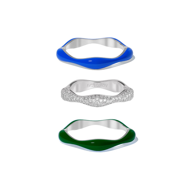 Sorbet Swirls Royal Blue & Dark Green Enamel & Diamond Swirls Stacker Ring Set of 3