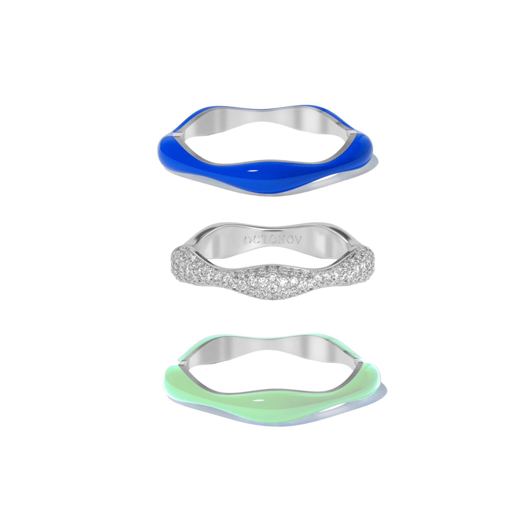 Sorbet Swirls Royal Blue & Matcha Green Enamel & Diamond Swirls Stacker Ring Set of 3 - Octonov 