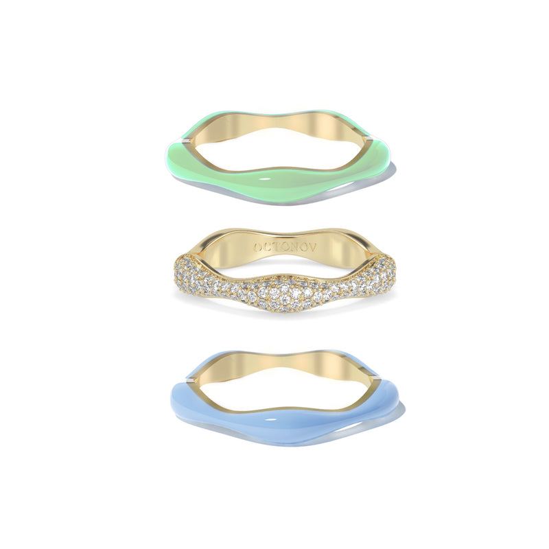 Sorbet Swirls Blue Moon & Matcha Green Enamel & Diamond Swirls Stacker Ring Set of 3