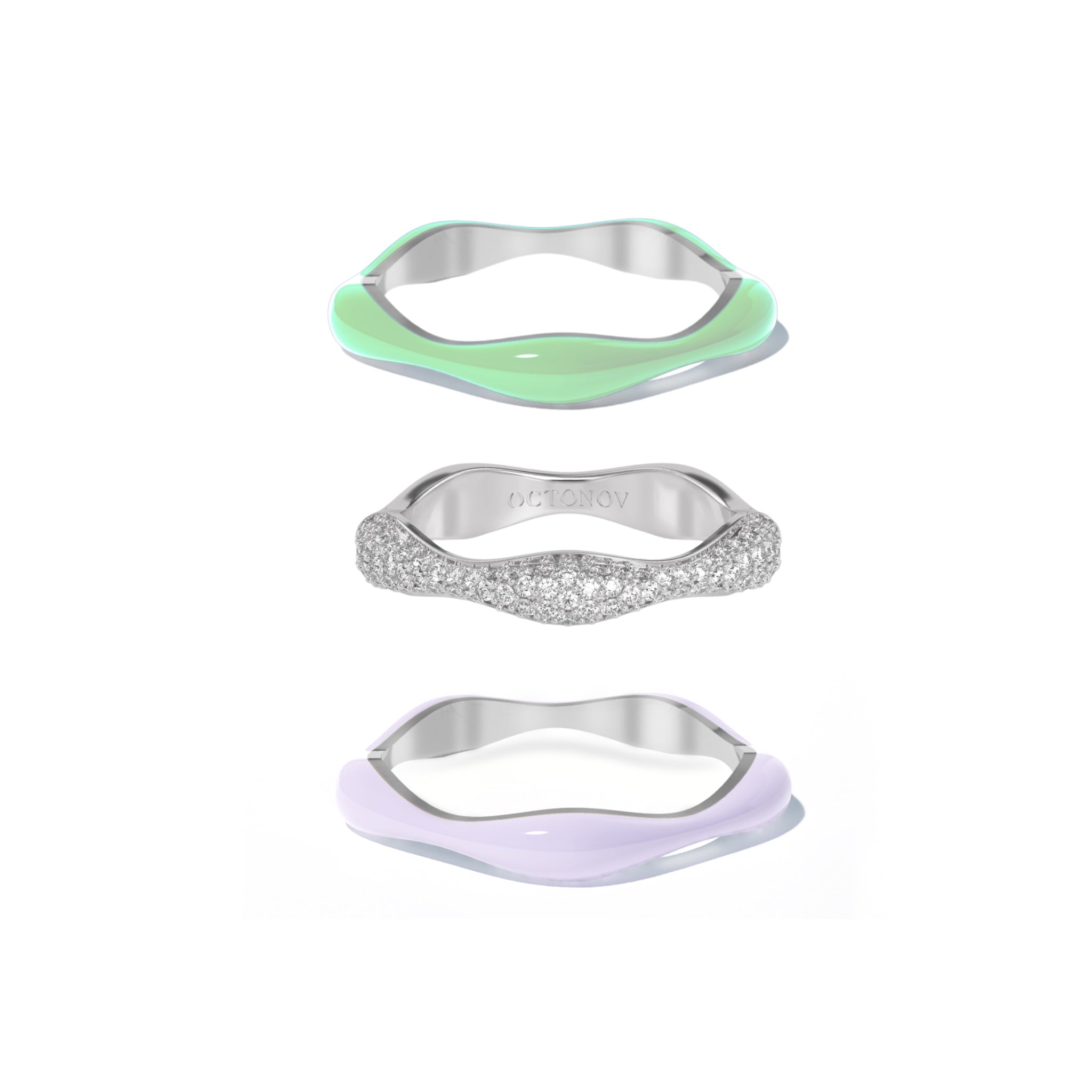 Sorbet Swirls Lavender & Matcha Green Enamel & Diamond Swirls Stacker Ring Set of 3 - Octonov 