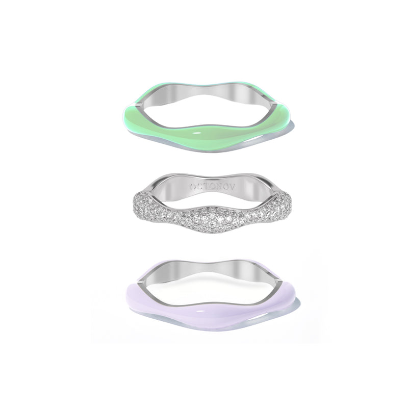 Sorbet Swirls Lavender & Matcha Green Enamel & Diamond Swirls Stacker Ring Set of 3