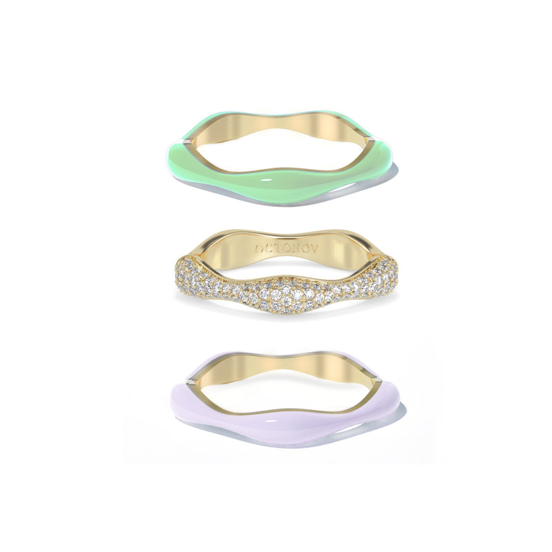 Sorbet Swirls Lavender & Matcha Green Enamel & Diamond Swirls Stacker Ring Set of 3