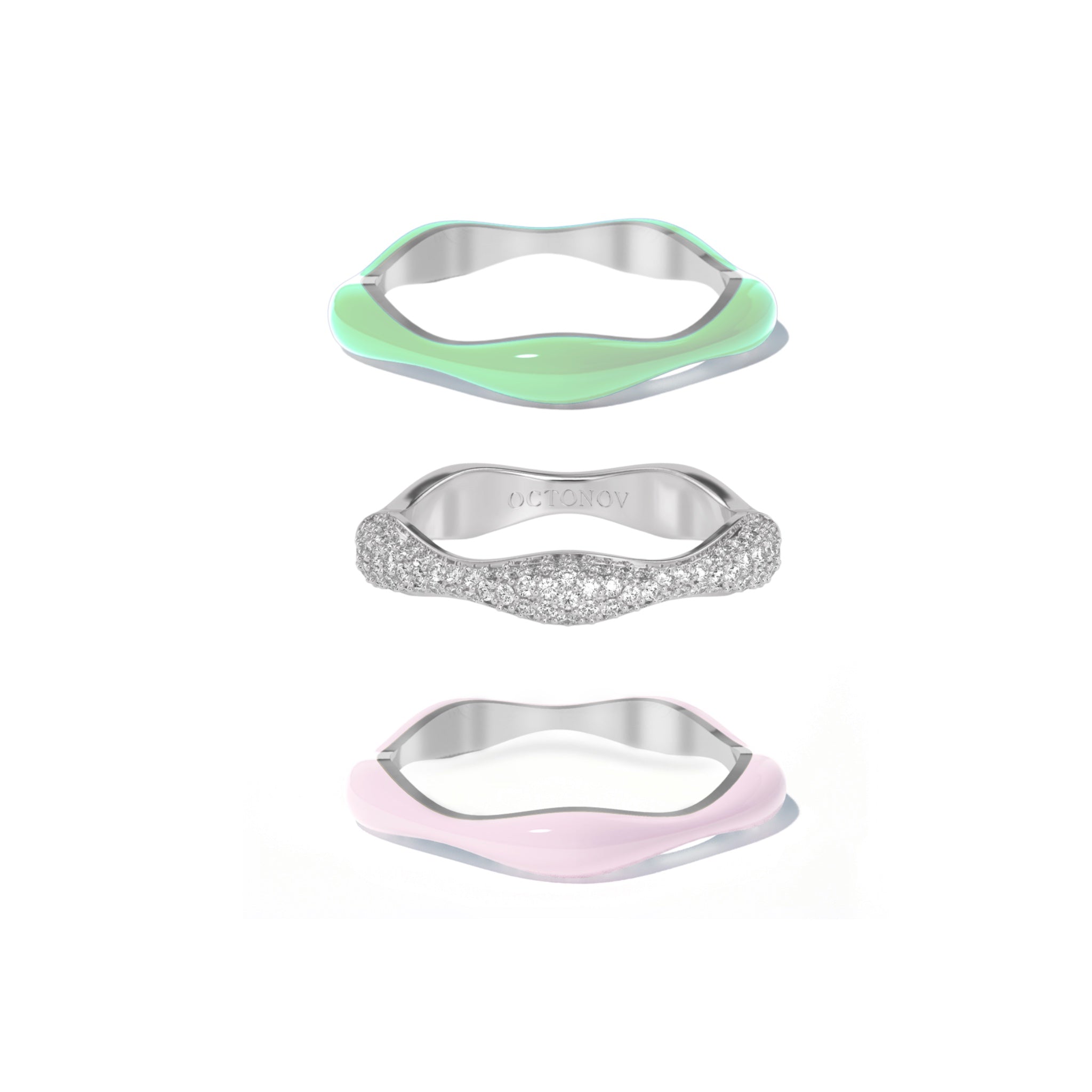Sorbet Swirls Matcha Green & Bubblegum Pink Enamel & Diamond Swirls Stacker Ring Set of 3 - Octonov 
