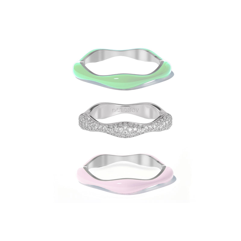 Sorbet Swirls Matcha Green & Bubblegum Pink Enamel & Diamond Swirls Stacker Ring Set of 3