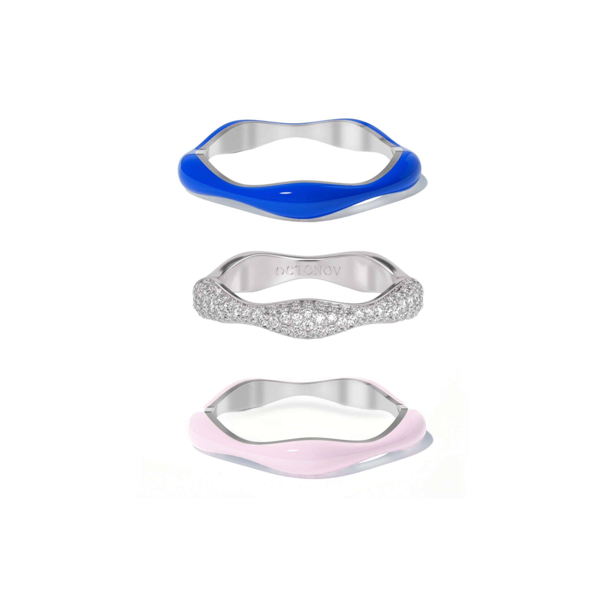 Sorbet Swirls Royal Blue & Bubblegum Pink Enamel & Diamond Swirls Stacker Ring Set of 3 - Octonov 