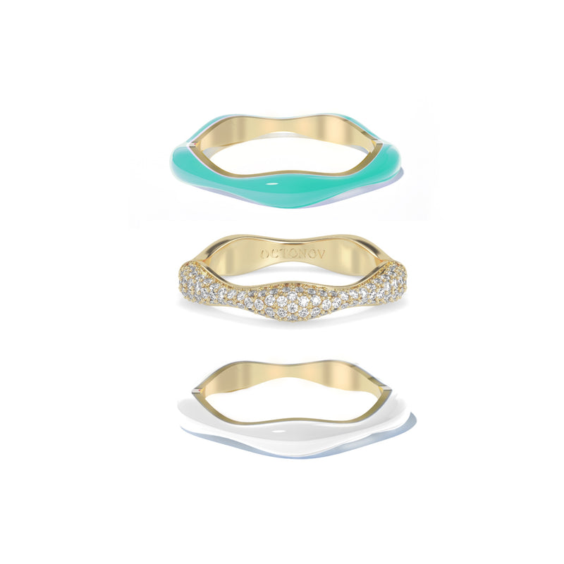 Sorbet Swirls Enamel & Diamond Swirls Stacker Ring Set in Cyan + White