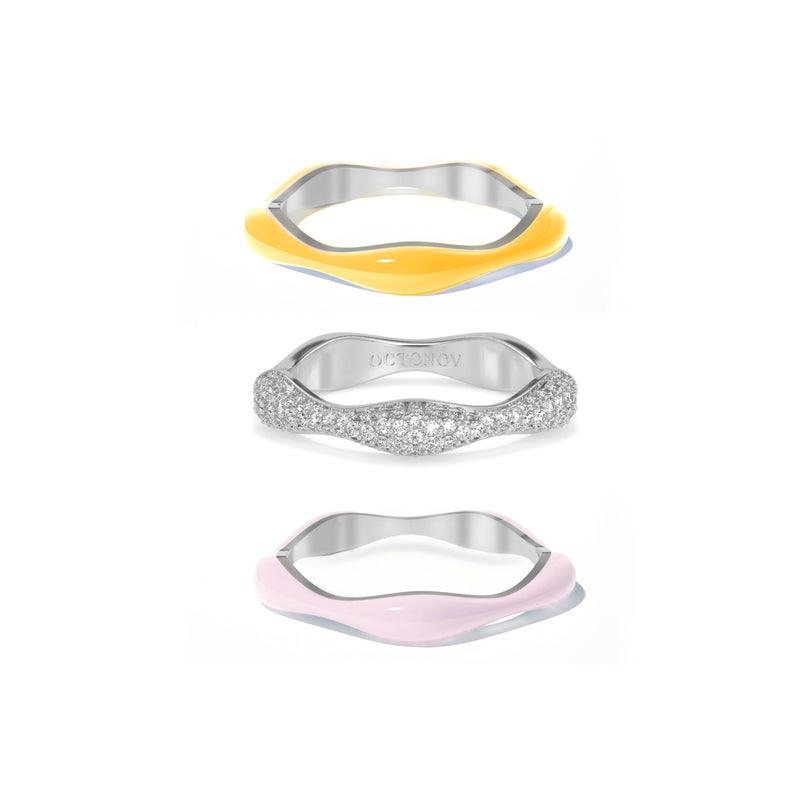 Sunset Sorbet Swirls Enamel & Diamond Swirls Stacker Ring Set in Yellow + Light Pink