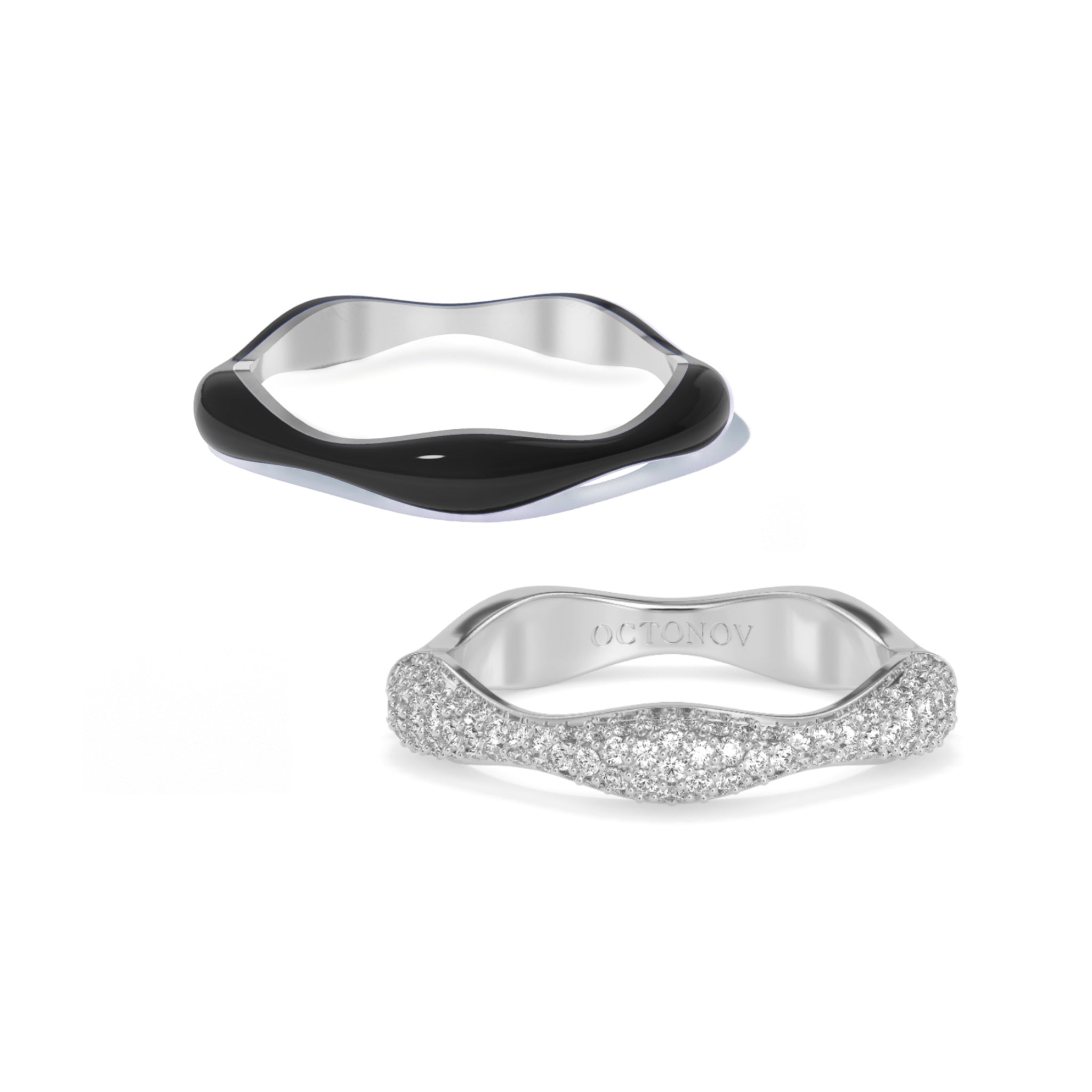 Sorbet Swirl Black Enamel & Diamond Swirls Stacker Ring Duo - Octonov 