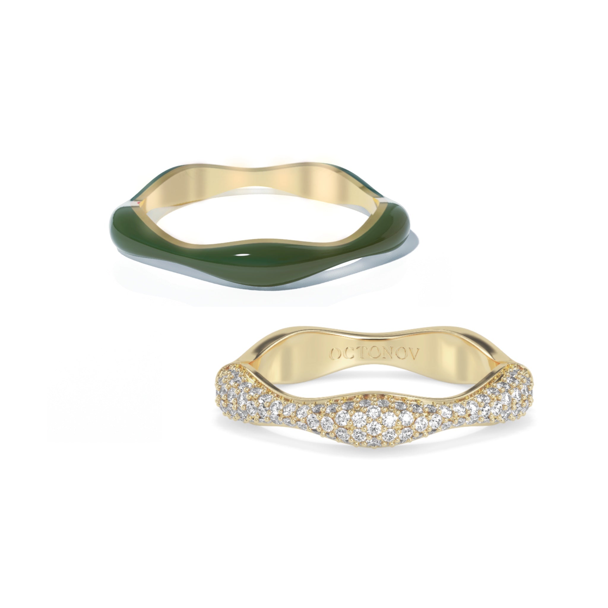 Sorbet Swirl Olive Green Enamel & Diamond Swirls Stacker Ring Duo - Octonov 