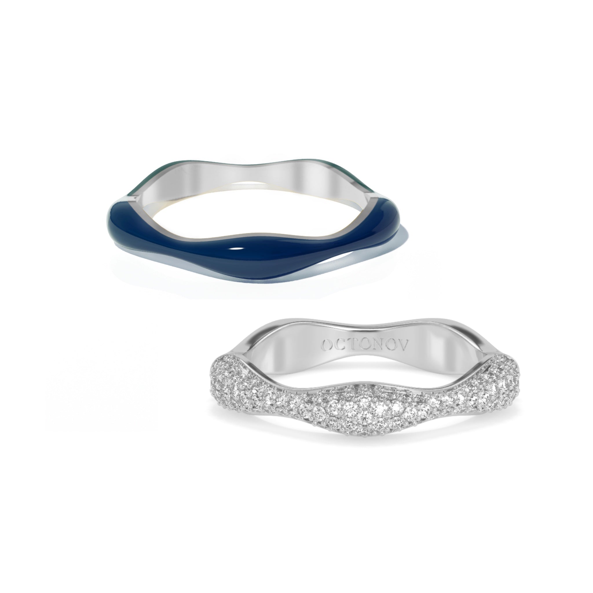 Sorbet Swirl Navy Blue Enamel & Diamond Swirls Stacker Ring Duo - Octonov 