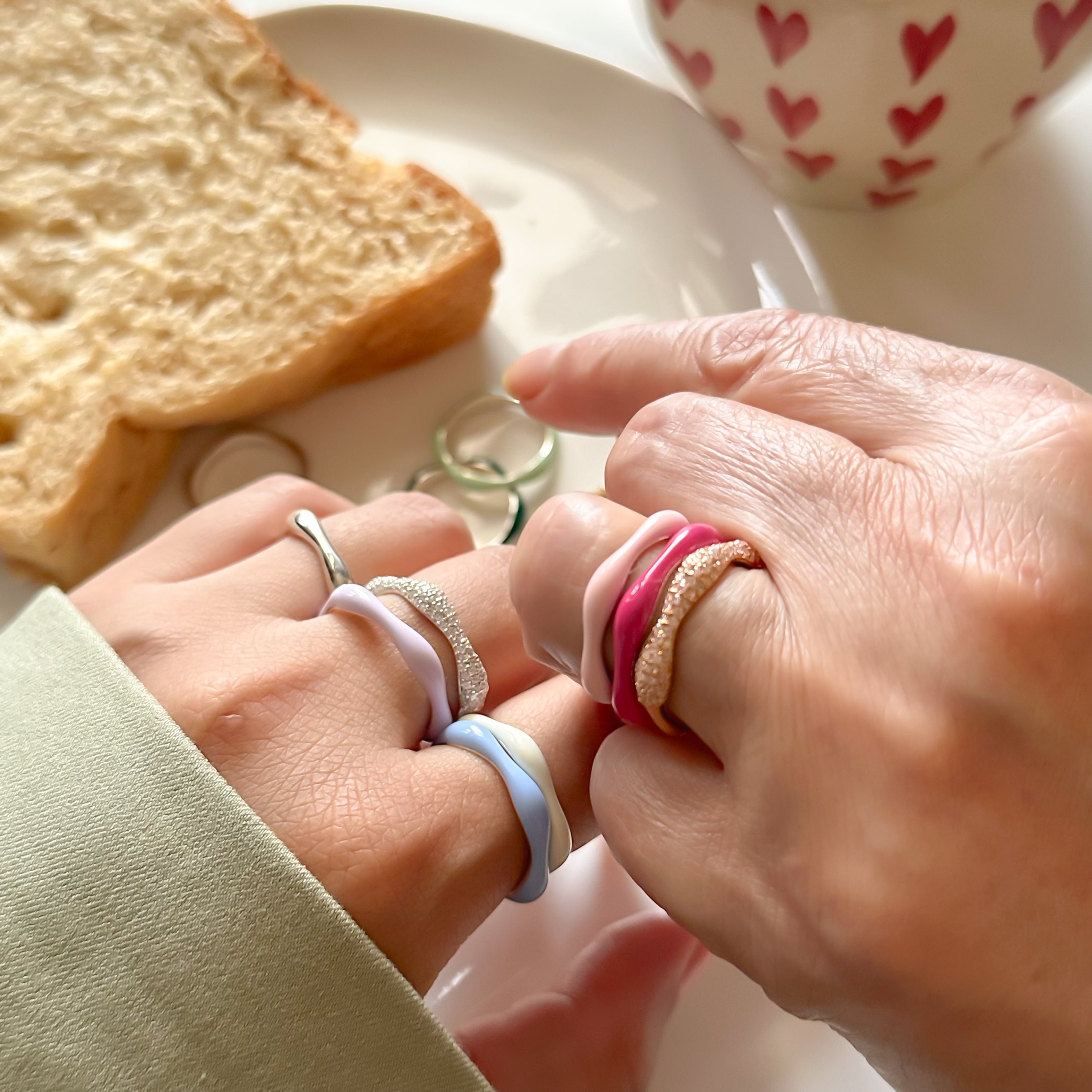 Sorbet Swirls Enamel & Diamond Swirls Stacker Ring Set in Bubblegum + Hot Pink - Octonov 