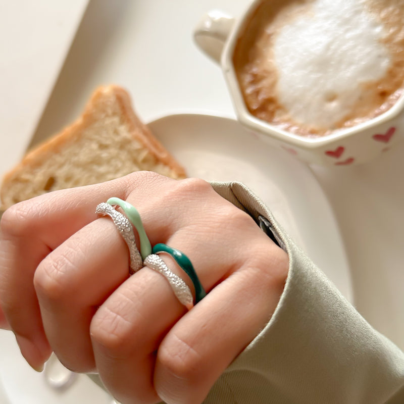 Sorbet Swirl Dark Green Enamel & Diamond Swirls Stacker Ring Duo
