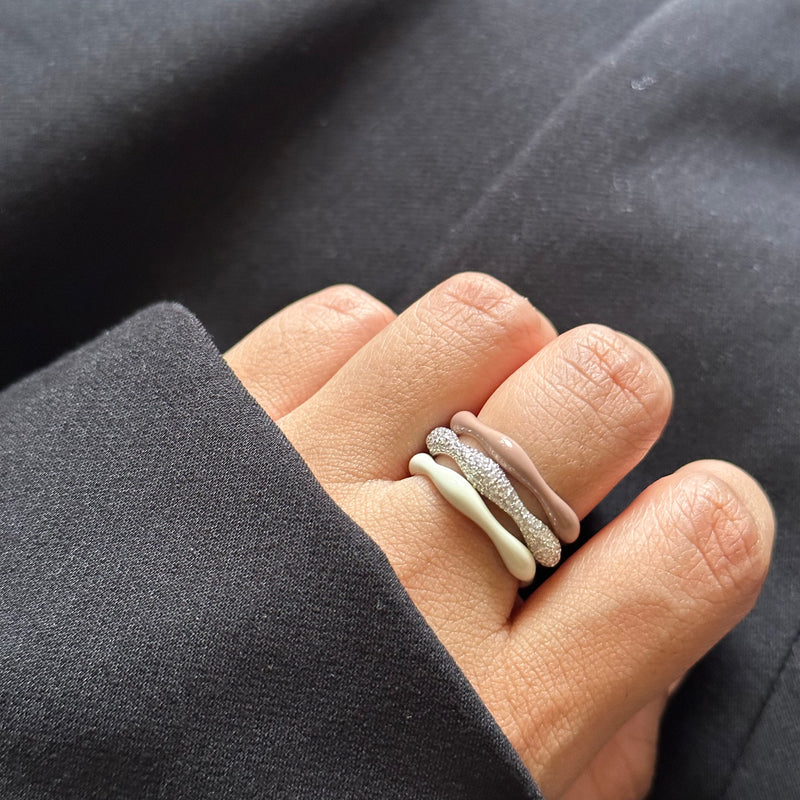Sorbet Swirl Cappuccino Enamel & Diamond Swirls Stacker Ring Duo