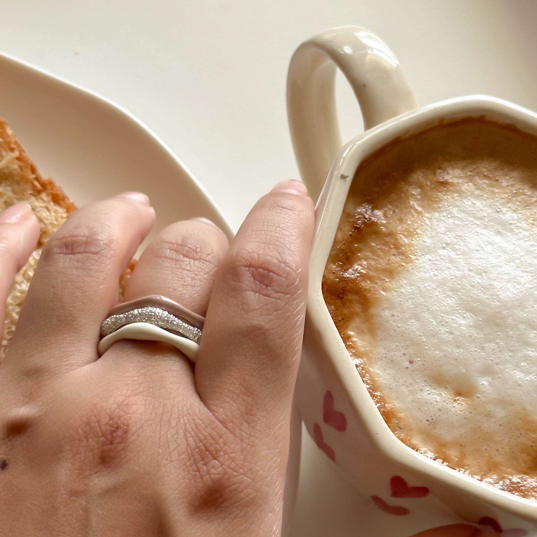 Sorbet Swirls Enamel & Diamond Swirls Stacker Ring Set in Vanilla + Cappuccino - Octonov 