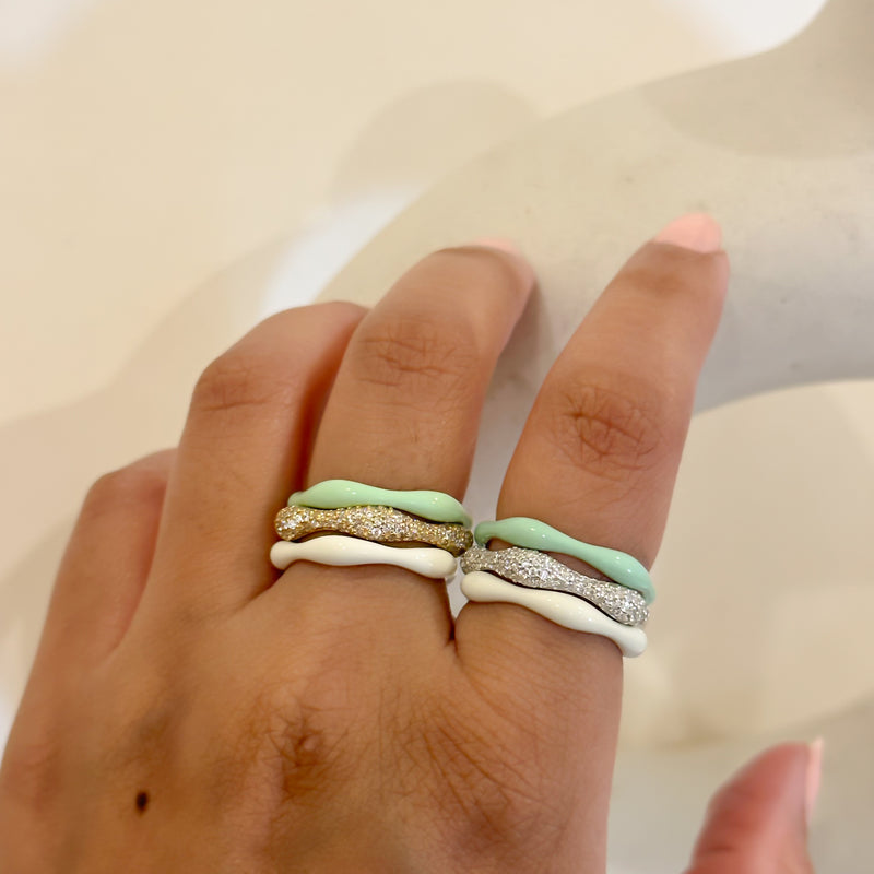 Sorbet Swirls Enamel & Diamond Swirls Stacker Ring Set in Matcha+Vanilla