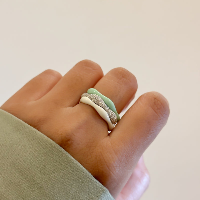 Sorbet Swirls Enamel & Diamond Swirls Stacker Ring Set in Matcha+Vanilla