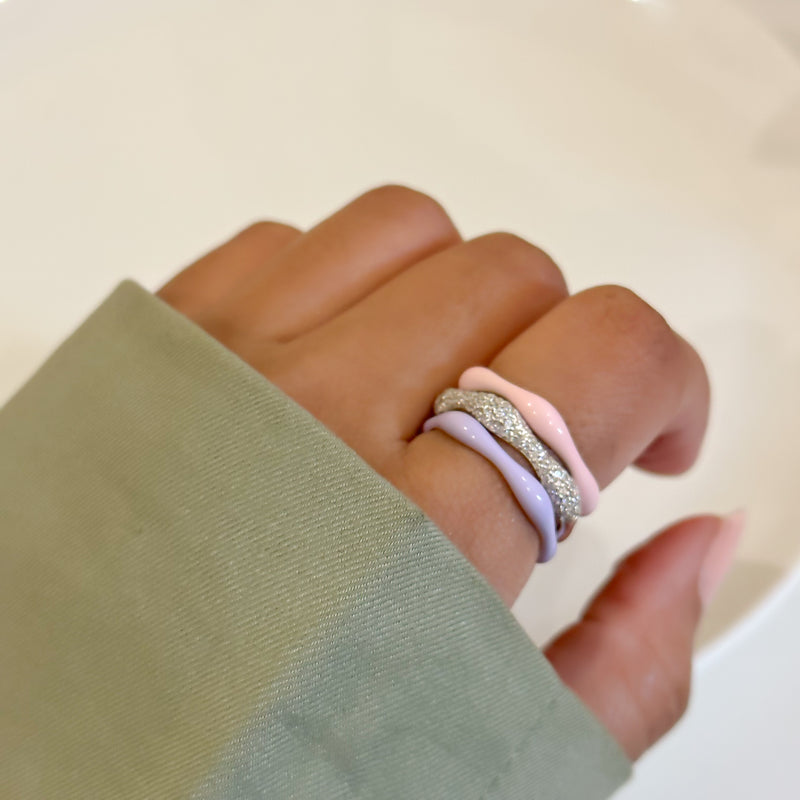 Sorbet Swirls Enamel & Diamond Swirls Stacker Ring Set in Lavender + Bubblegum