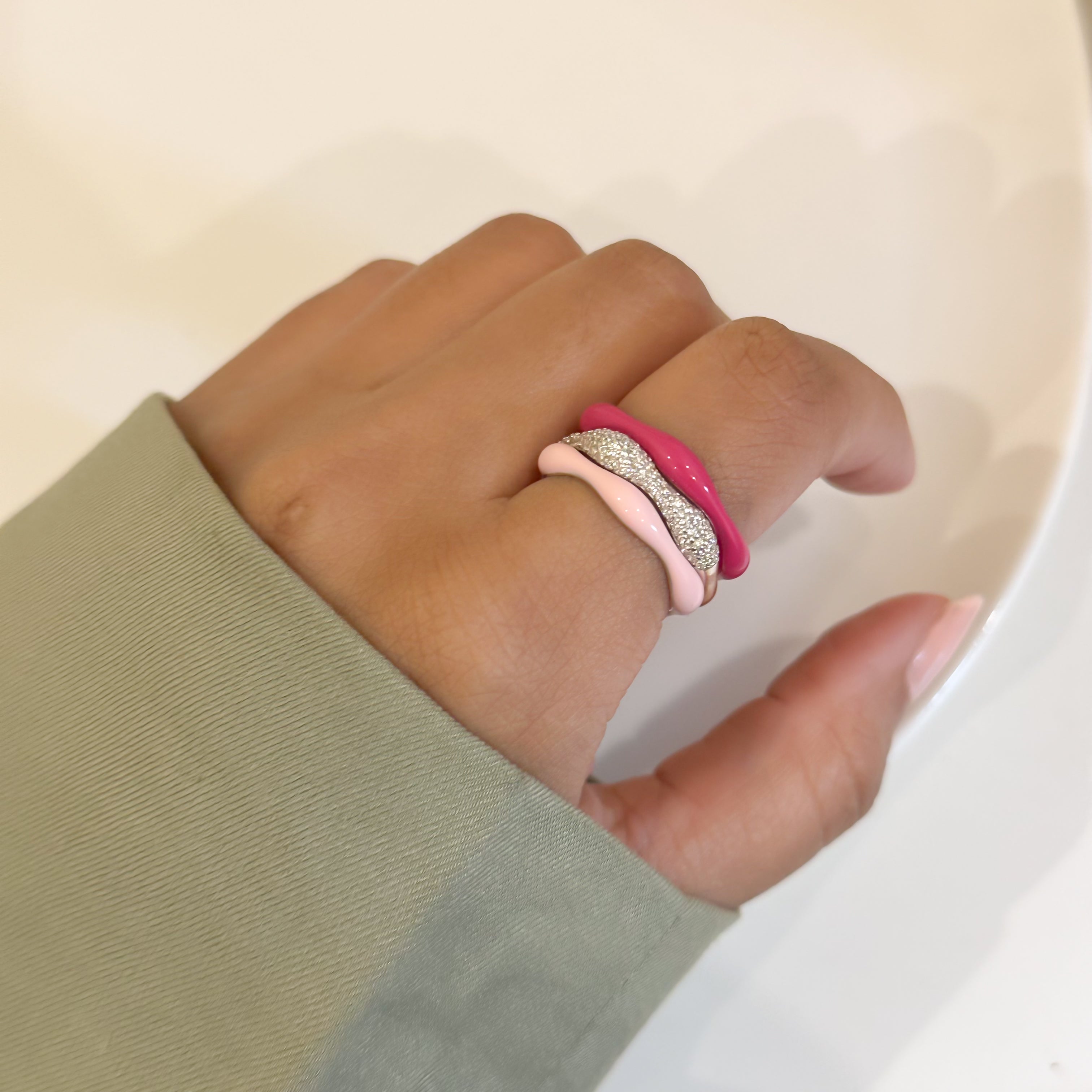 Sorbet Swirls Enamel & Diamond Swirls Stacker Ring Set in Bubblegum + Hot Pink - Octonov 