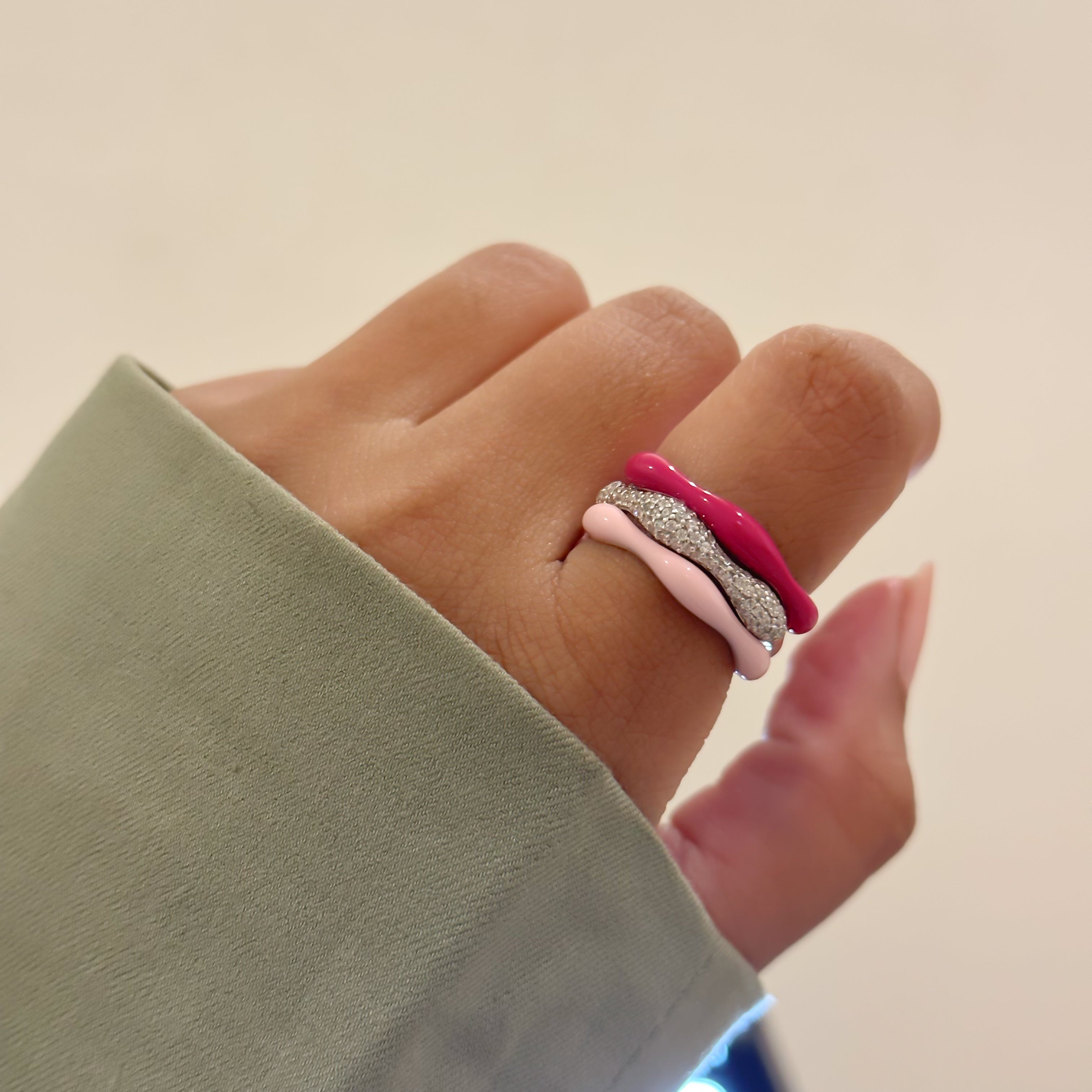 Sorbet Swirls Enamel & Diamond Swirls Stacker Ring Set in Bubblegum + Hot Pink - Octonov 