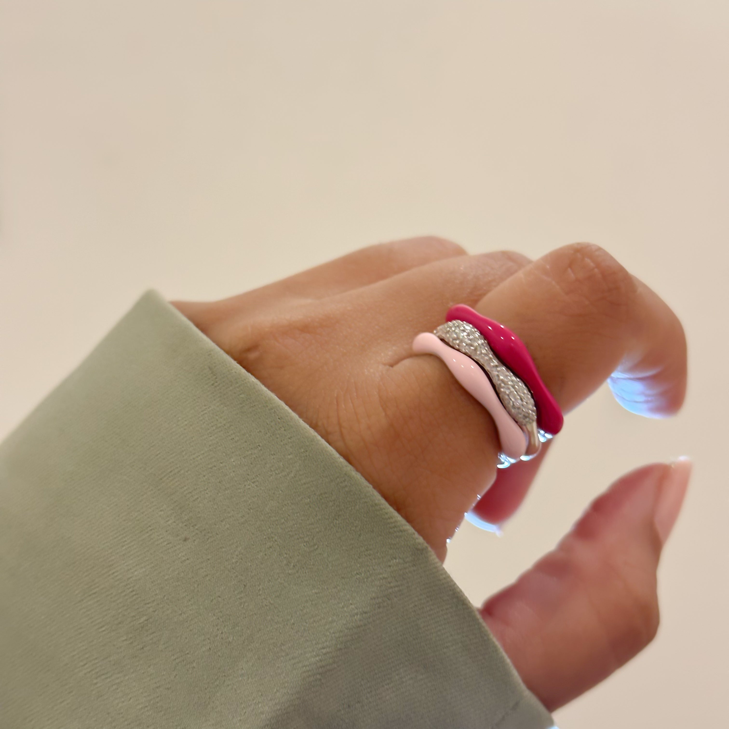 Sorbet Swirls Enamel & Diamond Swirls Stacker Ring Set in Bubblegum + Hot Pink - Octonov 