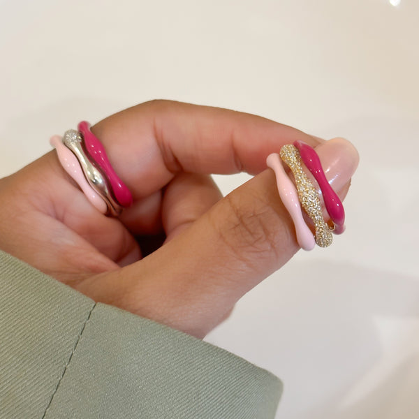 Sorbet Swirls Enamel & Diamond Swirls Stacker Ring Set in Bubblegum + Hot Pink
