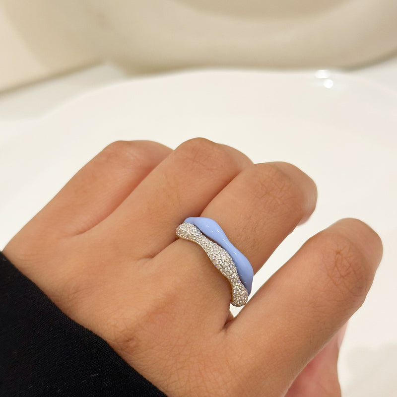 Sorbet Swirl Blue Moon Enamel & Diamond Swirls Stacker Ring Duo