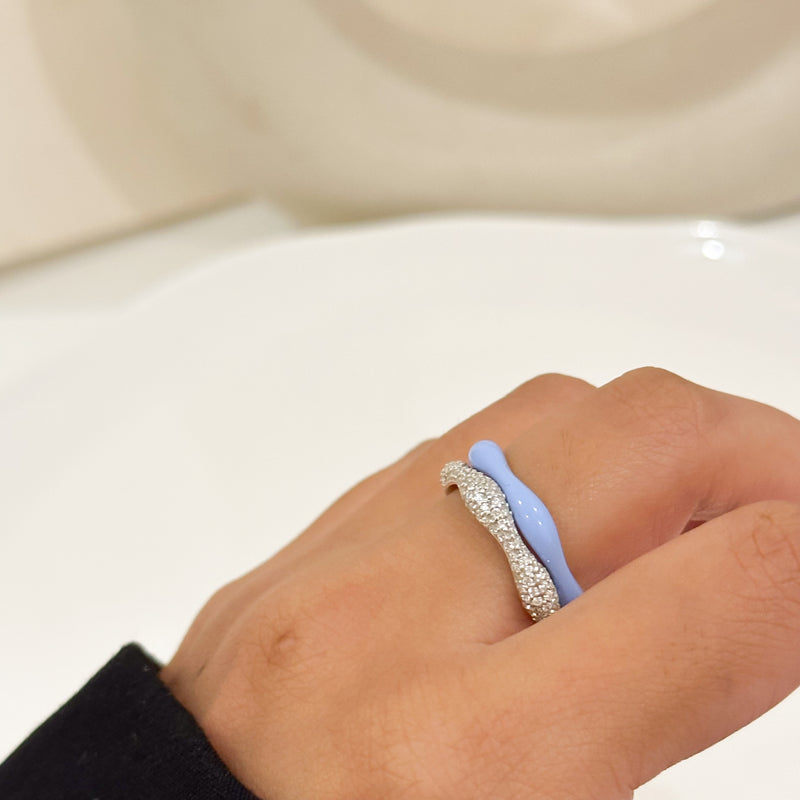 Sorbet Swirl Blue Moon Enamel & Diamond Swirls Stacker Ring Duo