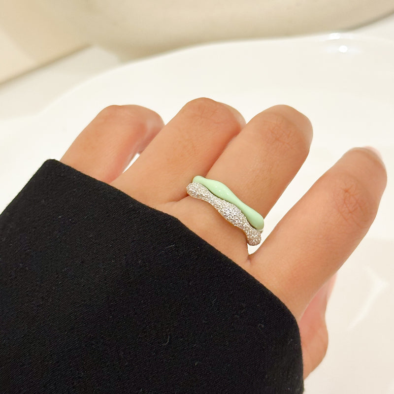 Sorbet Swirl Matcha Enamel & Diamond Swirls Stacker Ring Duo