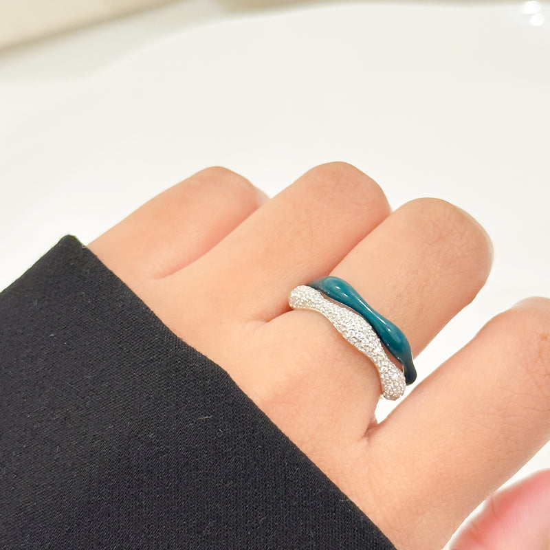 Sorbet Swirl Dark Green Enamel & Diamond Swirls Stacker Ring Duo