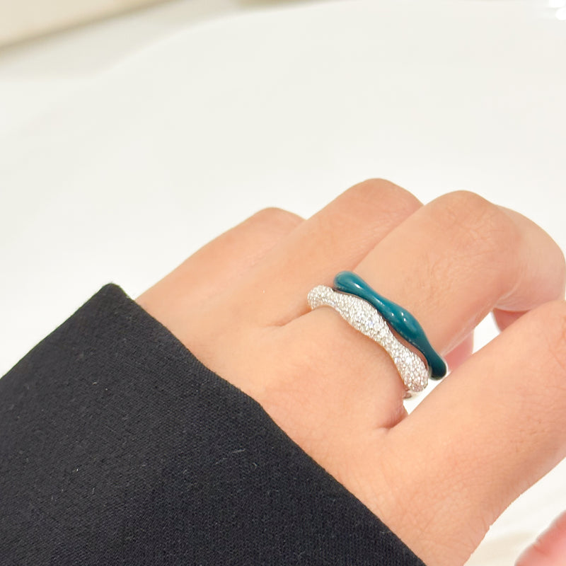 Sorbet Swirl Dark Green Enamel & Diamond Swirls Stacker Ring Duo